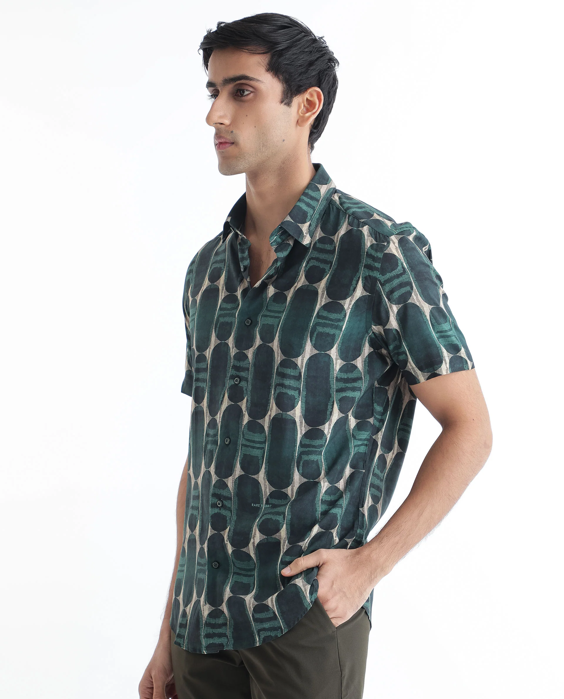 Rare Rabbit Men's York Dark Green Viscose Printed Regular Fit Half Sleeve Spread Collar Shirt - Image 4