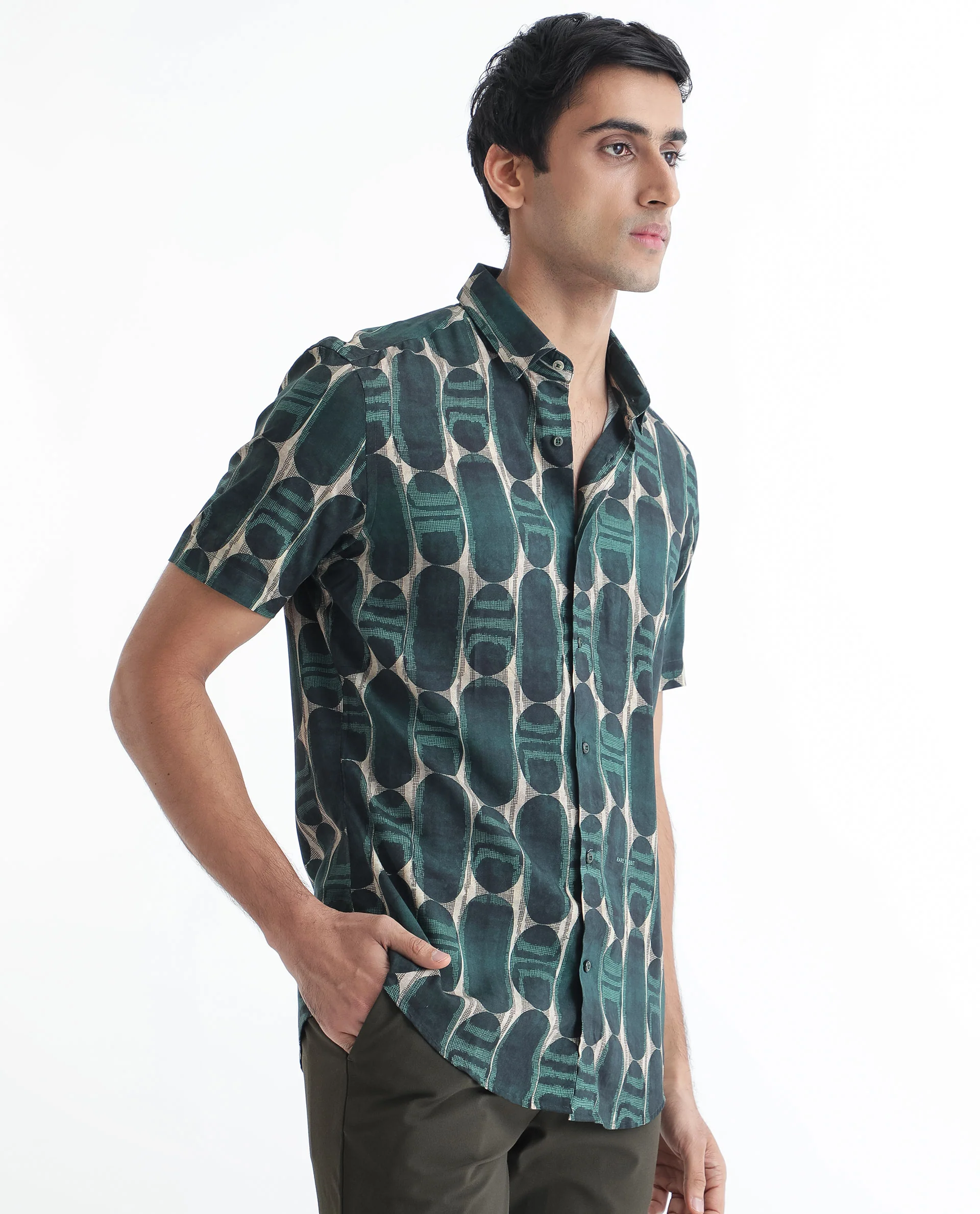 Rare Rabbit Men's York Dark Green Viscose Printed Regular Fit Half Sleeve Spread Collar Shirt - Image 5