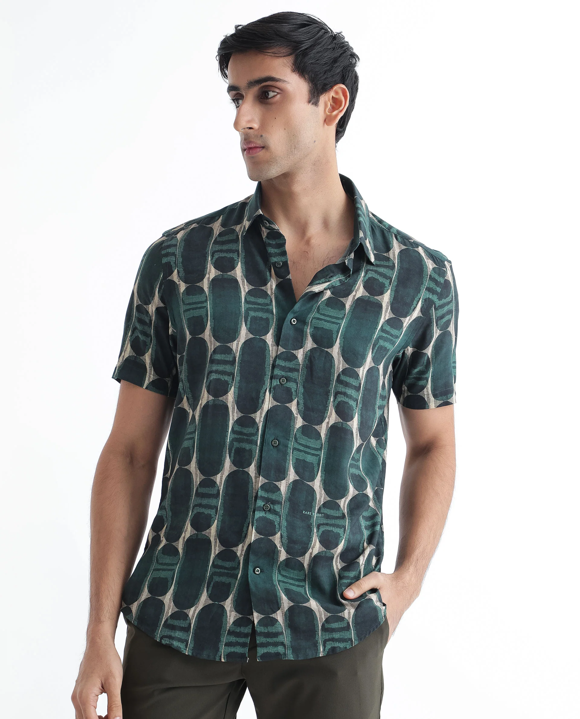 Rare Rabbit Men's York Dark Green Viscose Printed Regular Fit Half Sleeve Spread Collar Shirt - Image 6