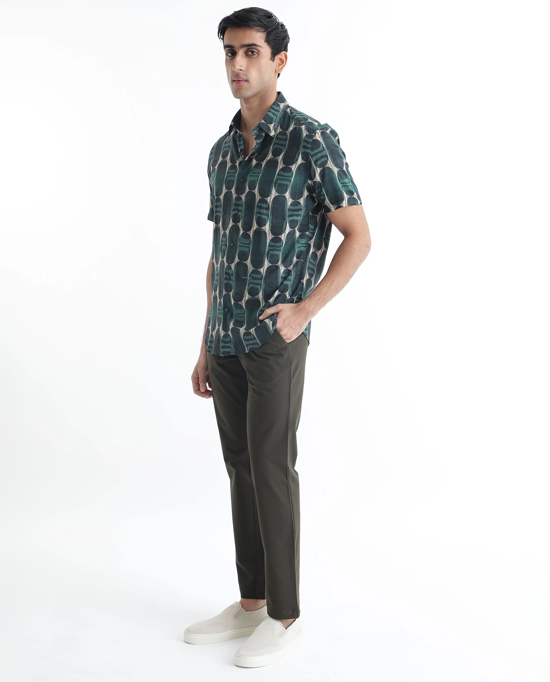 Rare Rabbit Men's York Dark Green Viscose Printed Regular Fit Half Sleeve Spread Collar Shirt - Image 7