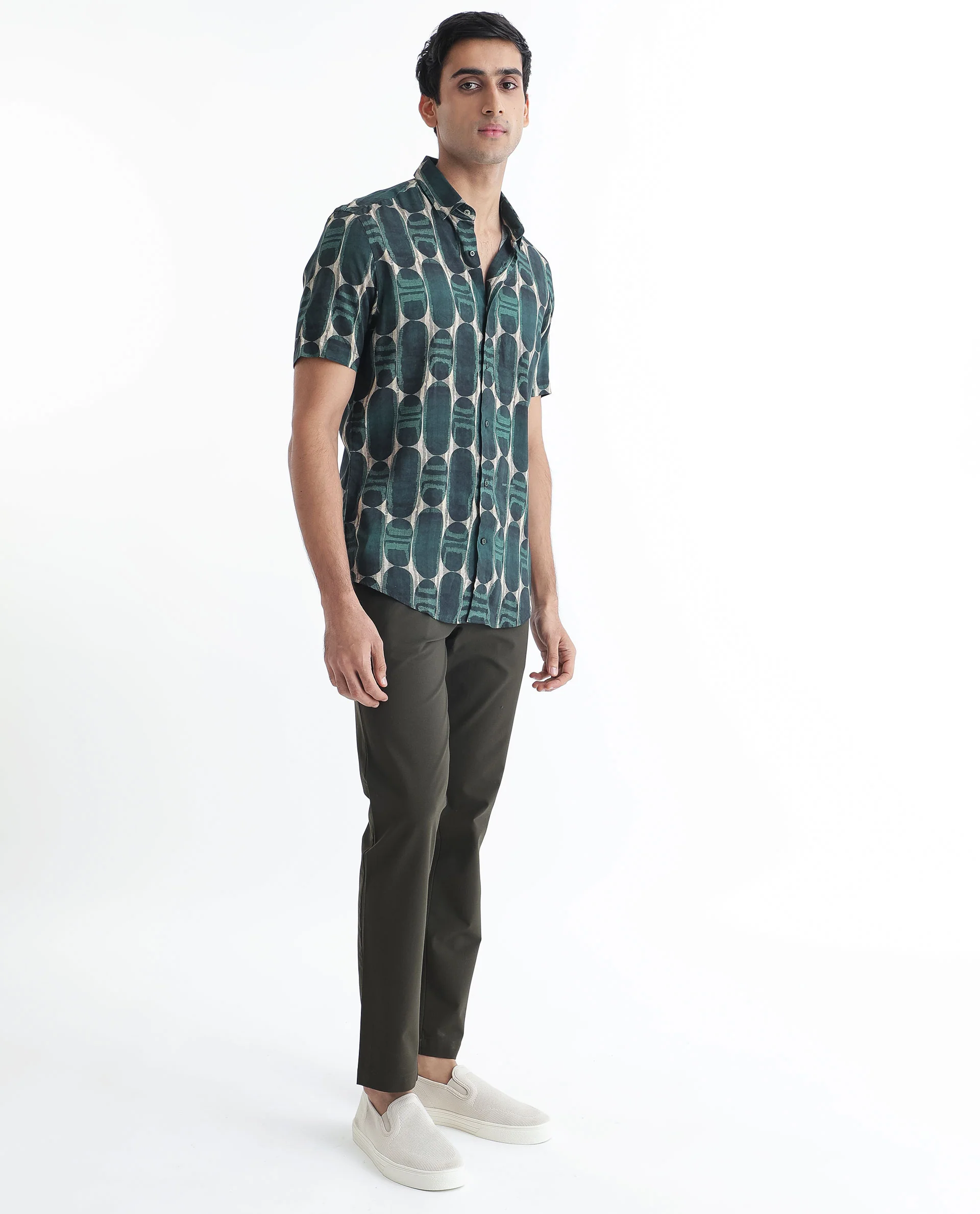 Rare Rabbit Men's York Dark Green Viscose Printed Regular Fit Half Sleeve Spread Collar Shirt - Image 8
