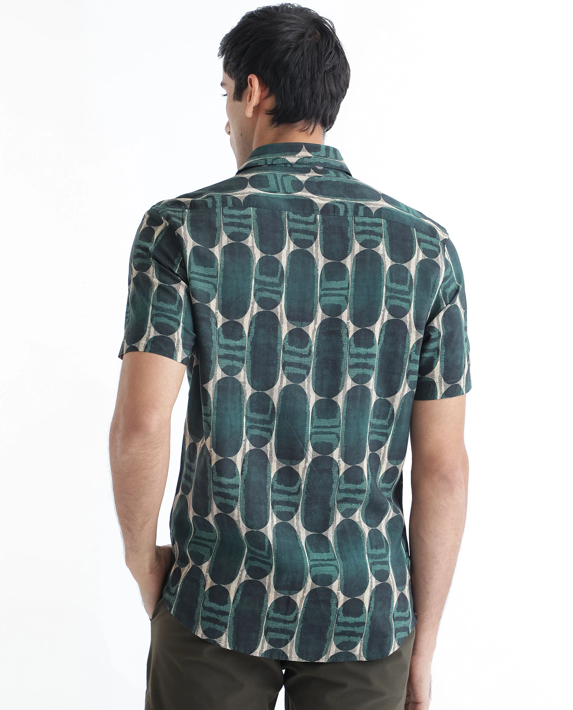 Rare Rabbit Men's York Dark Green Viscose Printed Regular Fit Half Sleeve Spread Collar Shirt - Image 9