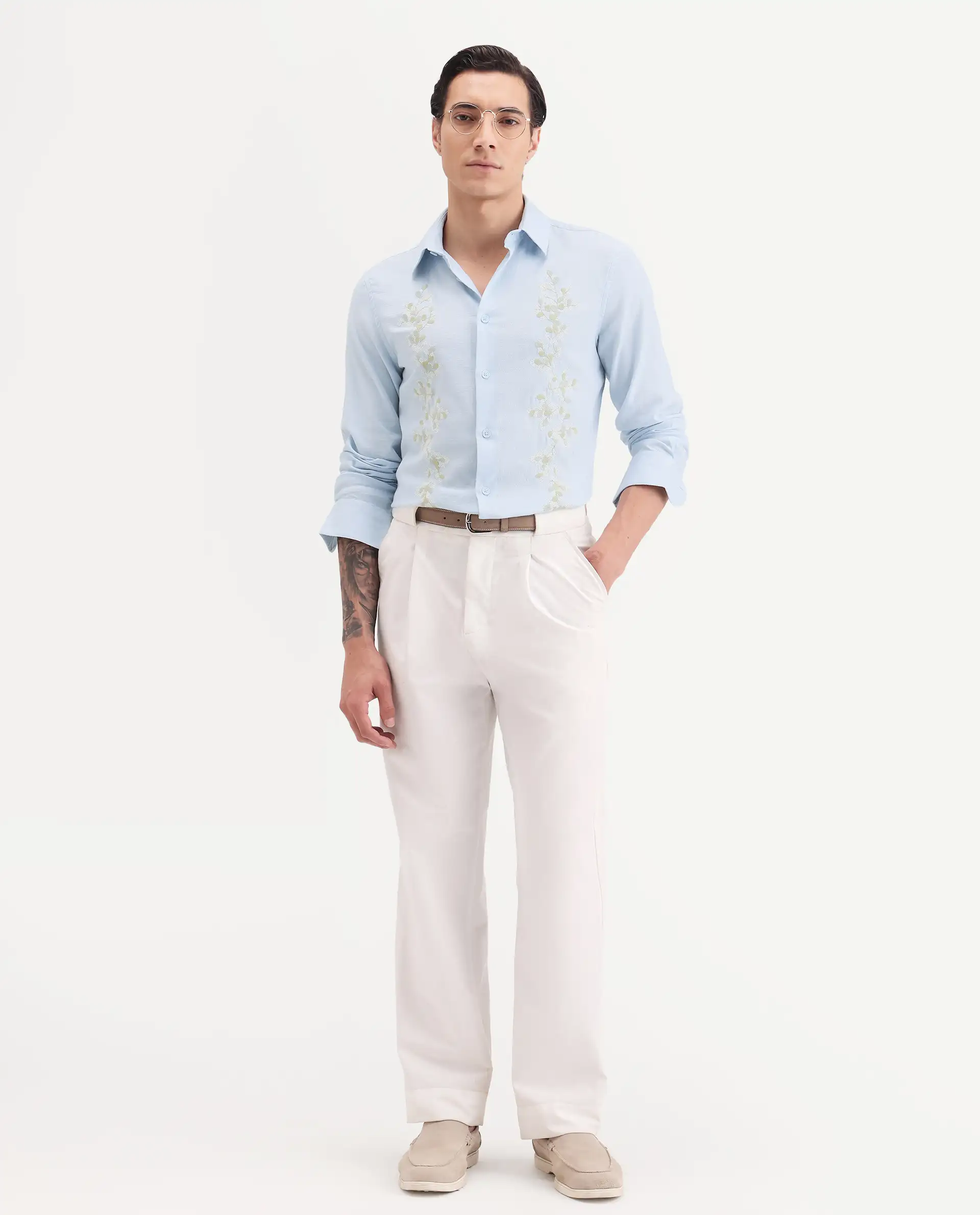 Rare Rabbit Men's Yorp Light Blue Cotton Fabric Full Sleeve Spread Collar Regular Fit Embroidered Shirt - Image 2