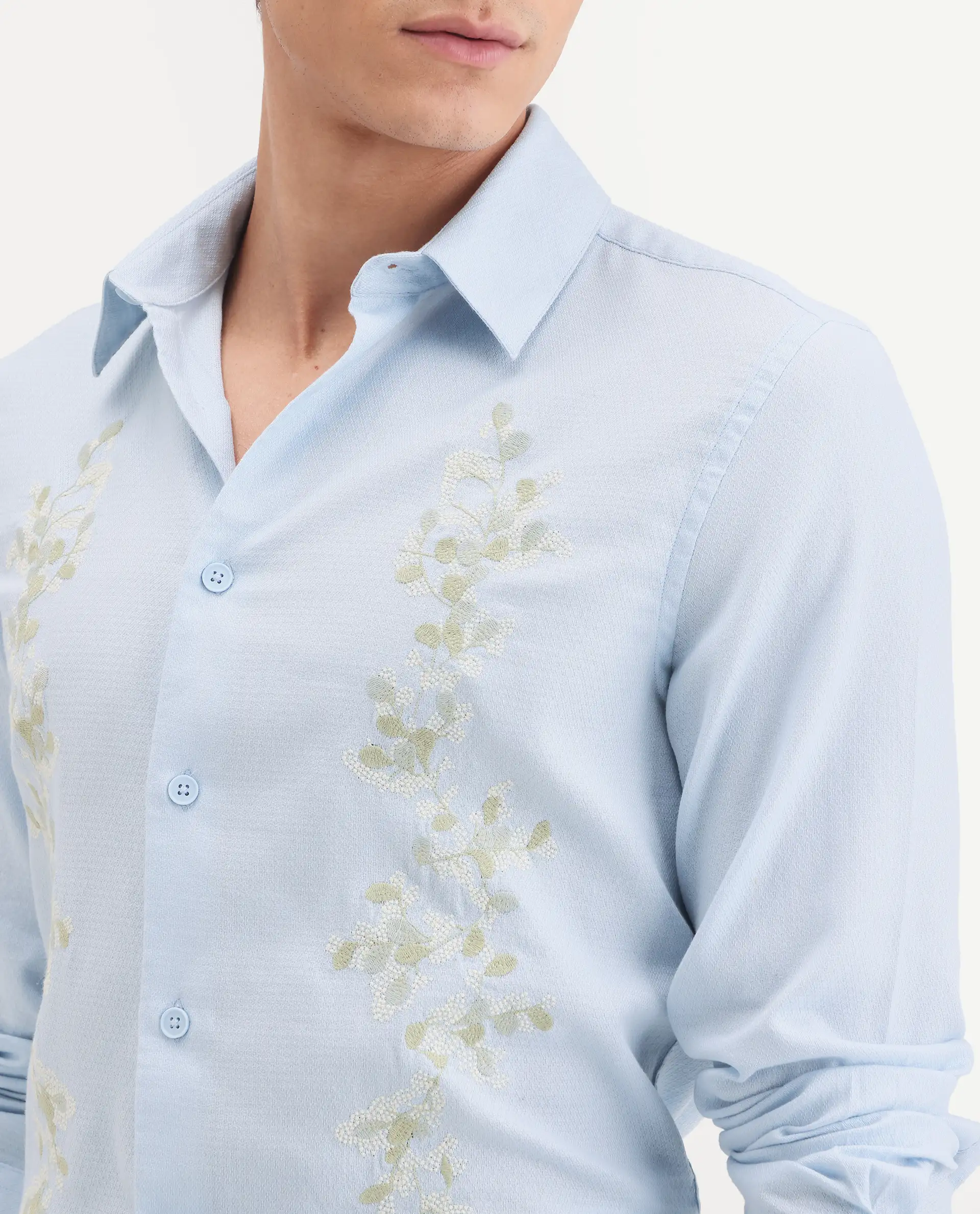 Rare Rabbit Men's Yorp Light Blue Cotton Fabric Full Sleeve Spread Collar Regular Fit Embroidered Shirt - Image 3