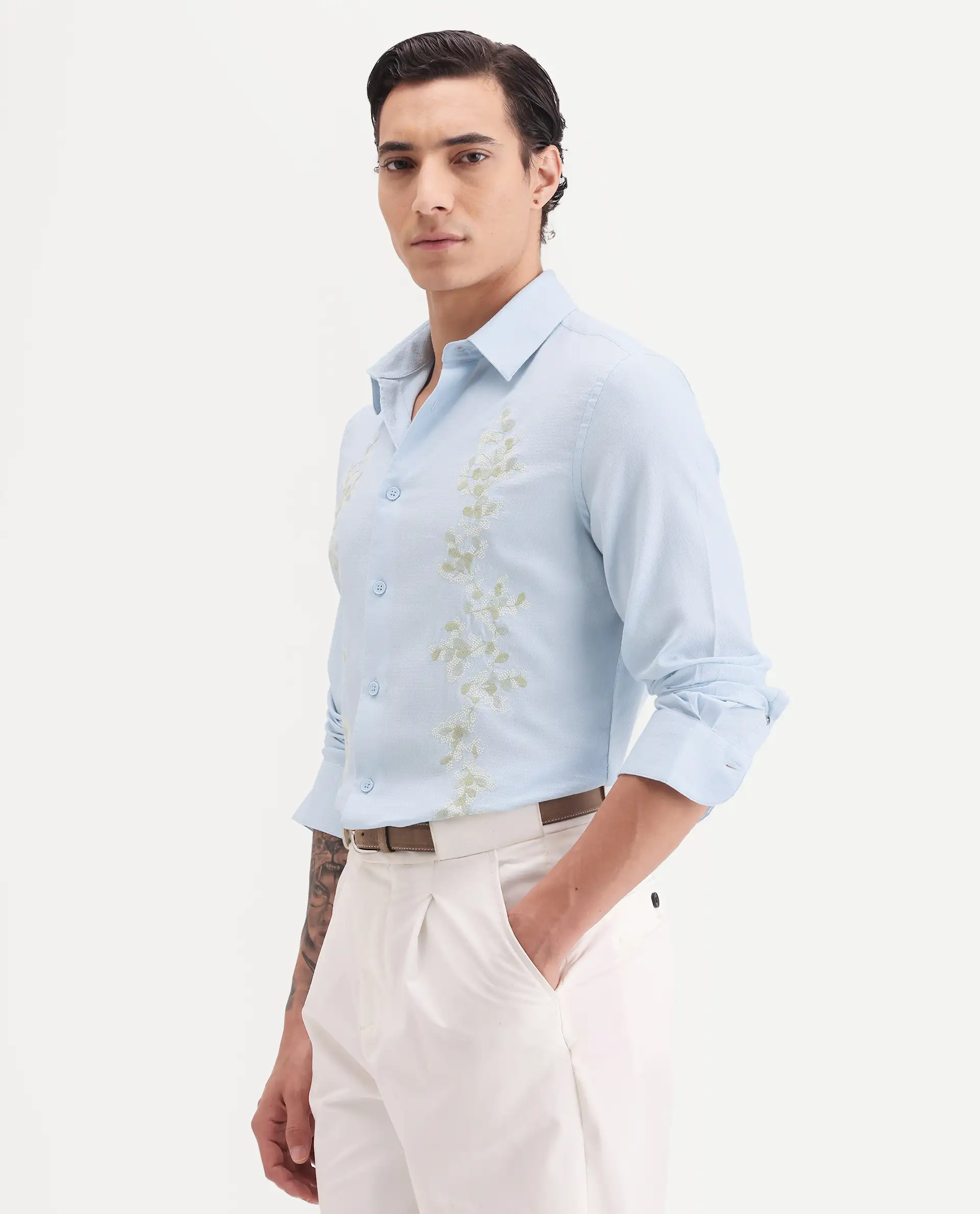 Rare Rabbit Men's Yorp Light Blue Cotton Fabric Full Sleeve Spread Collar Regular Fit Embroidered Shirt - Image 4