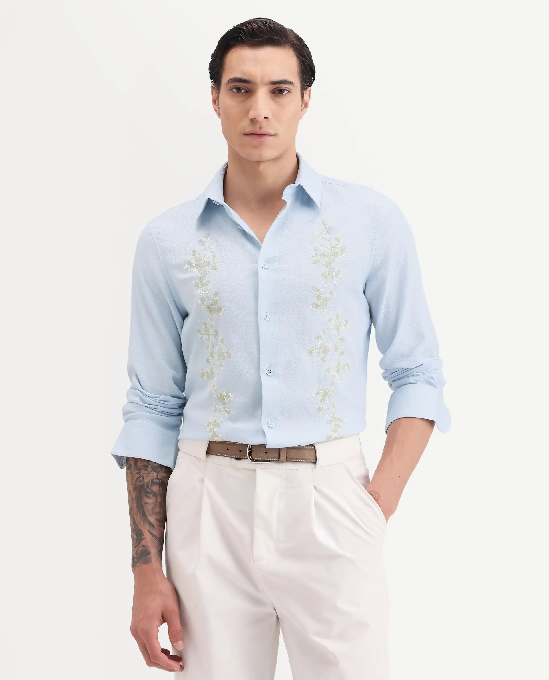Rare Rabbit Men's Yorp Light Blue Cotton Fabric Full Sleeve Spread Collar Regular Fit Embroidered Shirt - Image 5