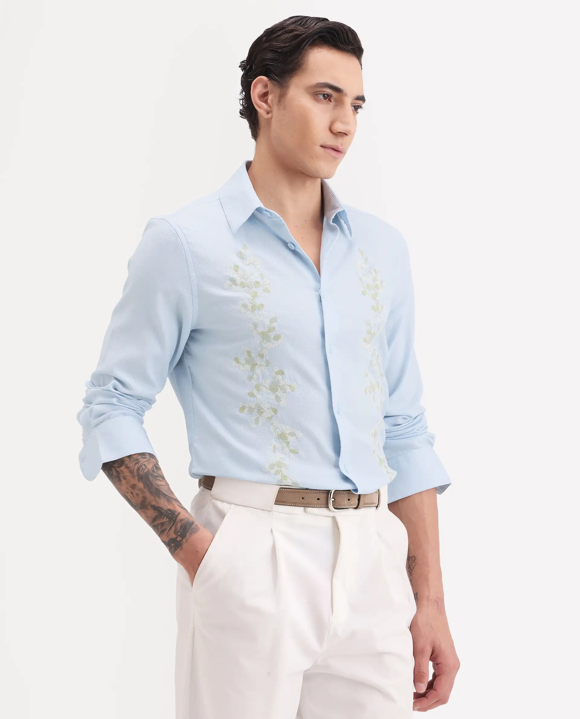 Rare Rabbit Men's Yorp Light Blue Cotton Fabric Full Sleeve Spread Collar Regular Fit Embroidered Shirt - Image 6