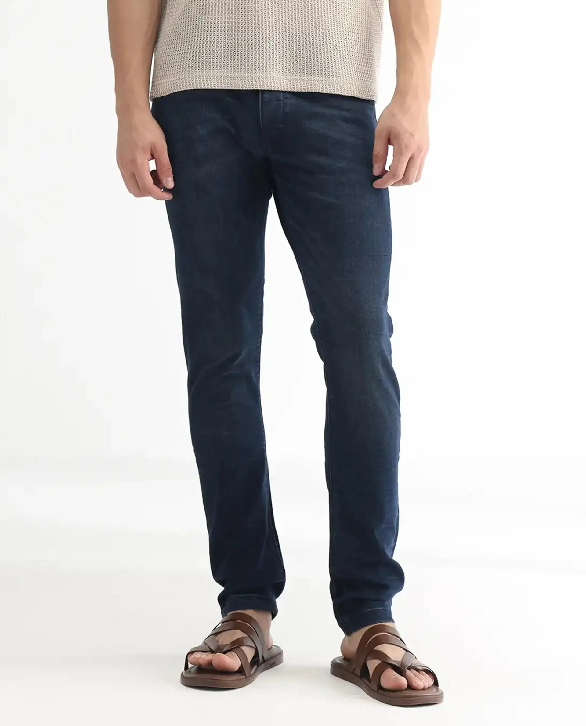 Rare Rabbit Men's Yoshi Dark Blue Cotton Plain Hawk Slim Fit Jeans - Image 10