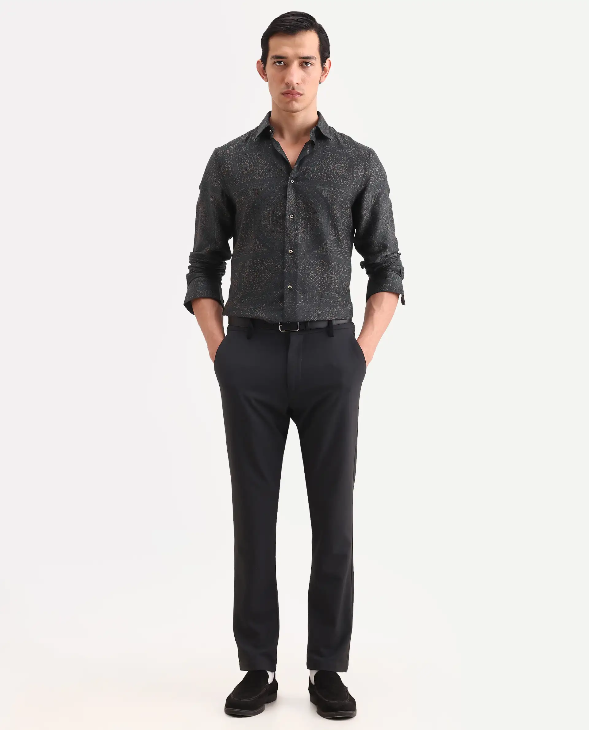Rare Rabbit Men's Yotz Black Cotton Blend Fabric Full Sleeve Spread Collar Regular Fit Geometric Print Shirt - Image 2