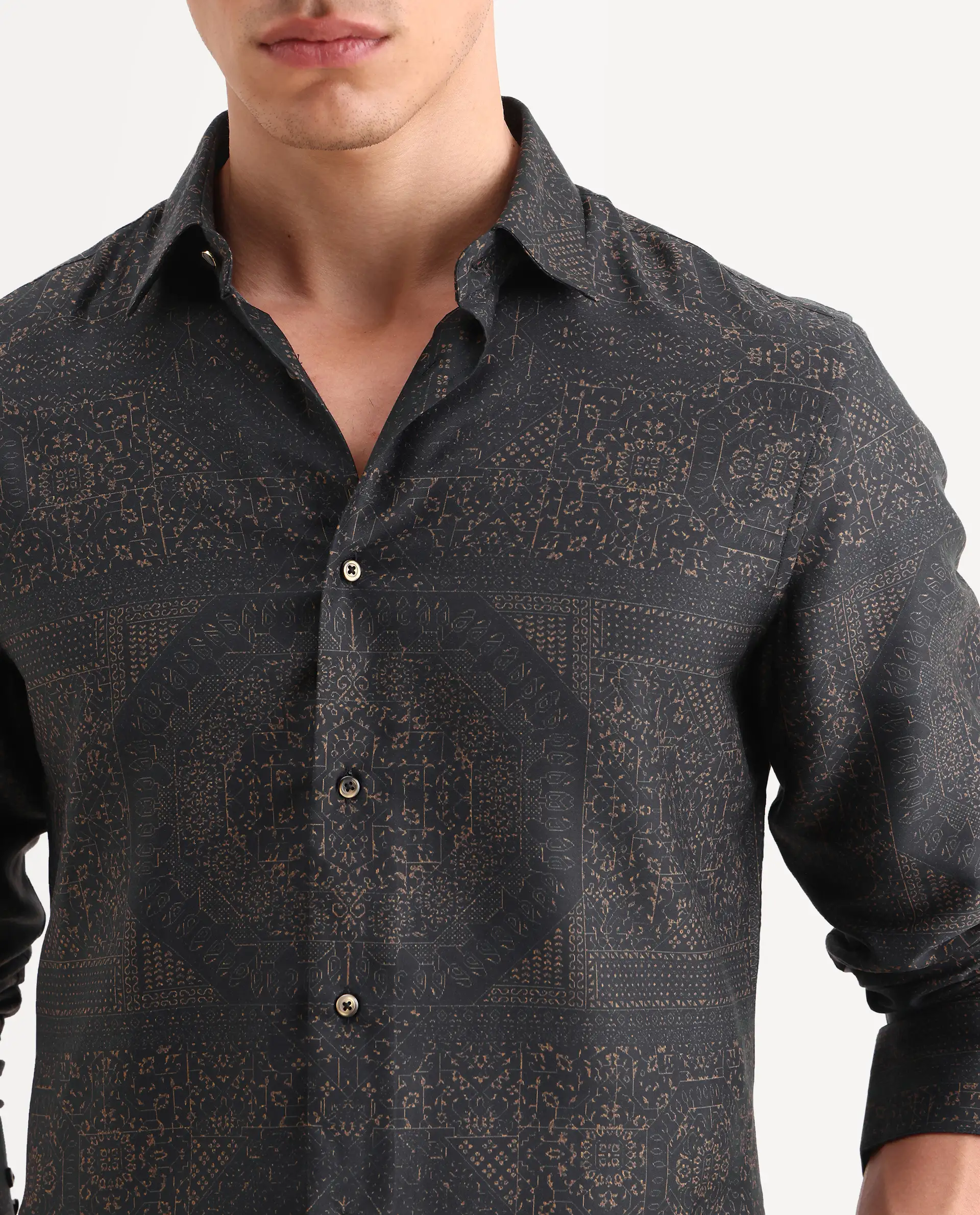 Rare Rabbit Men's Yotz Black Cotton Blend Fabric Full Sleeve Spread Collar Regular Fit Geometric Print Shirt - Image 3