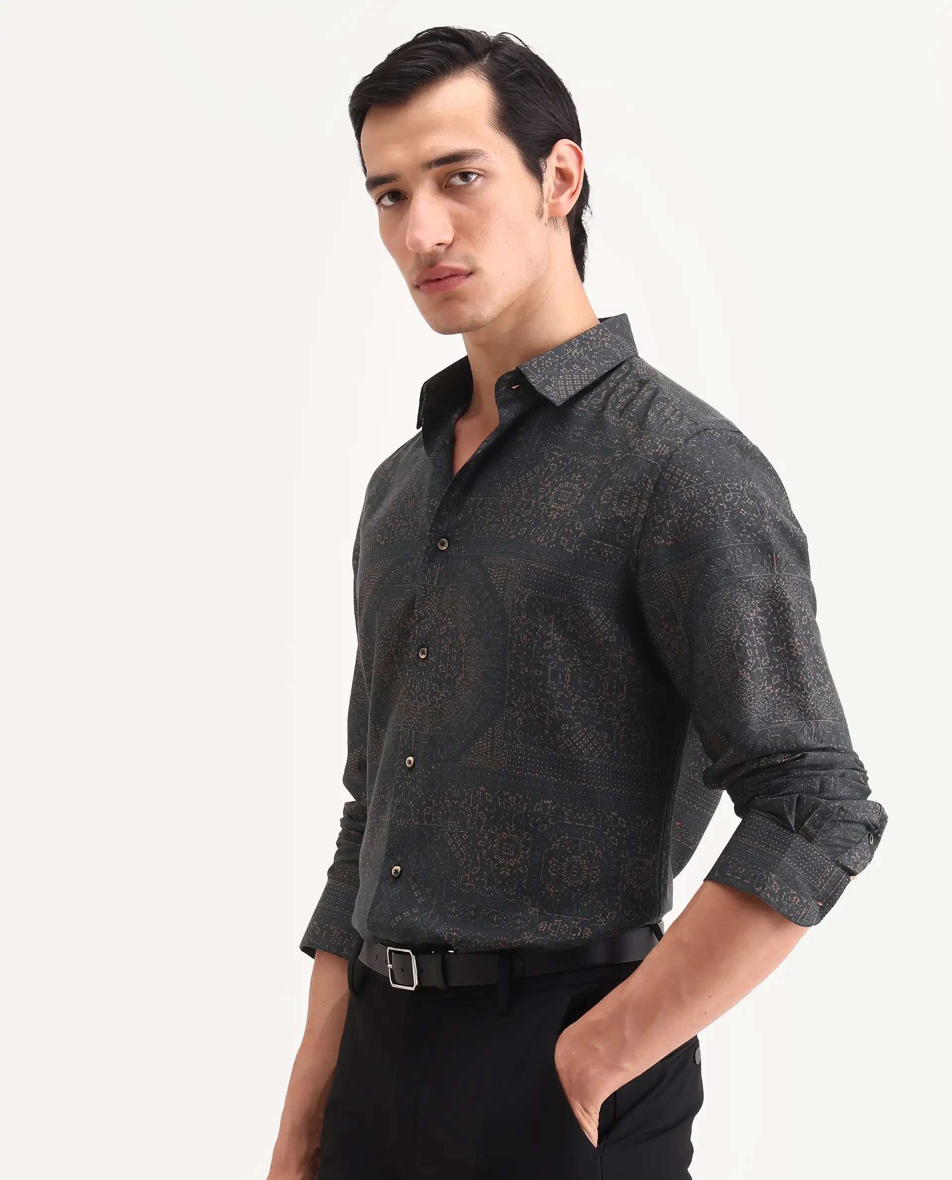 Rare Rabbit Men's Yotz Black Cotton Blend Fabric Full Sleeve Spread Collar Regular Fit Geometric Print Shirt - Image 4
