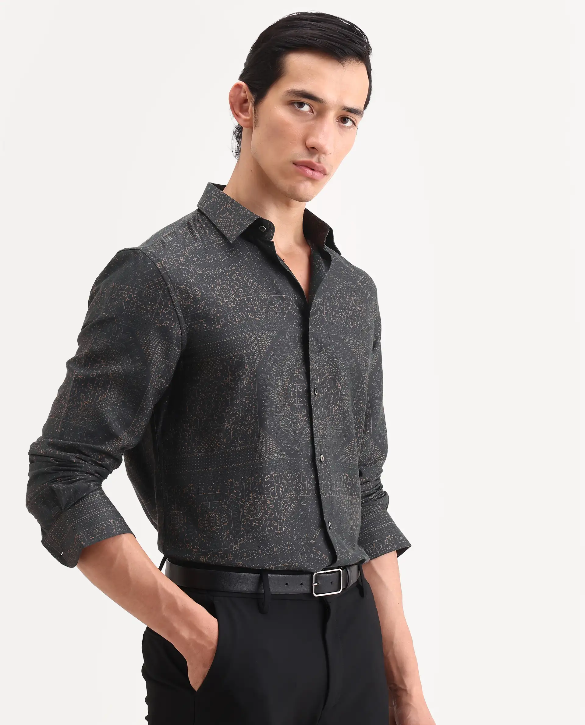 Rare Rabbit Men's Yotz Black Cotton Blend Fabric Full Sleeve Spread Collar Regular Fit Geometric Print Shirt - Image 5