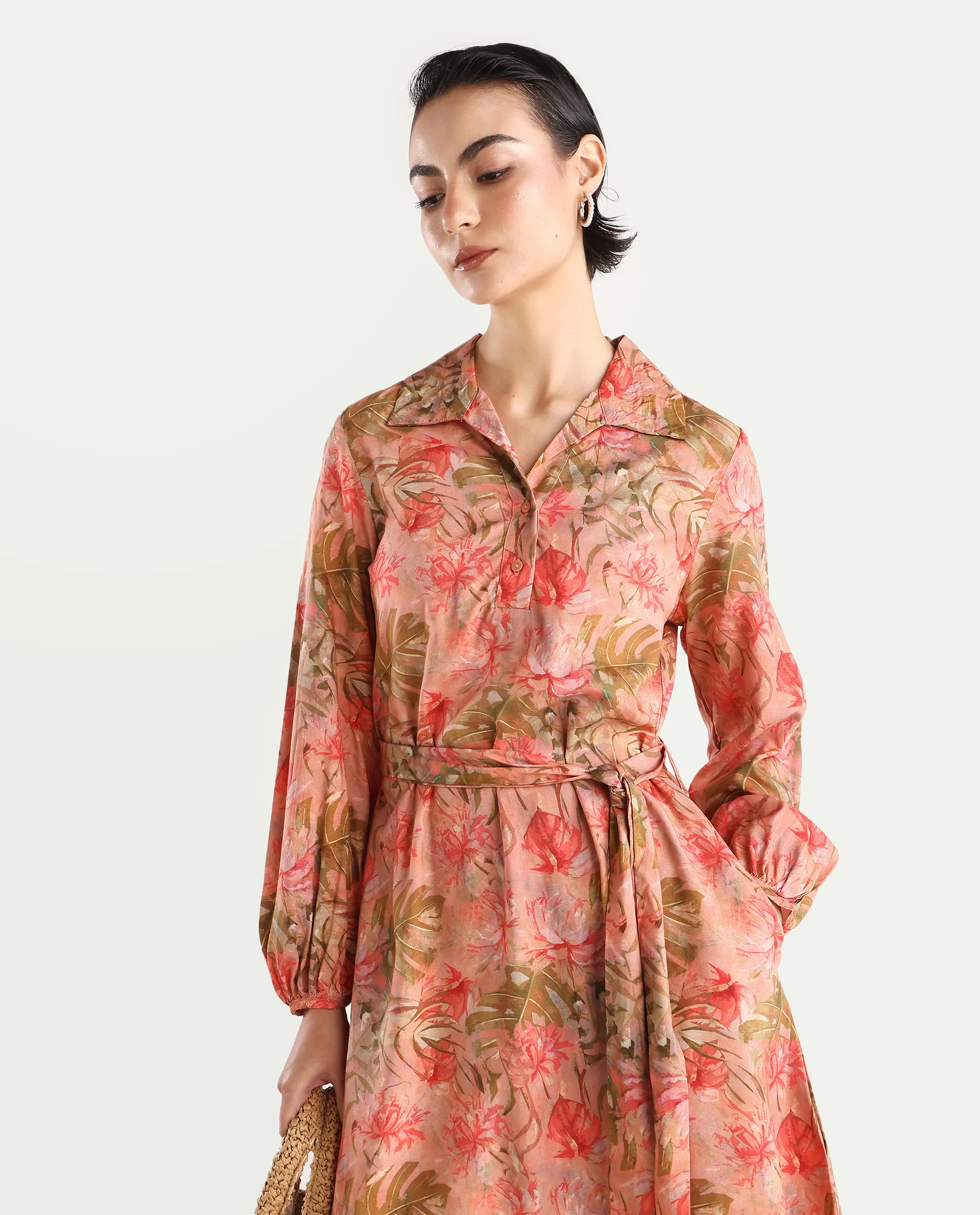 Rareism Women's Youat Multi Viscose Spread Collar Floral Print Bishop Sleeve Mini Fit And Flare Dress - Image 3