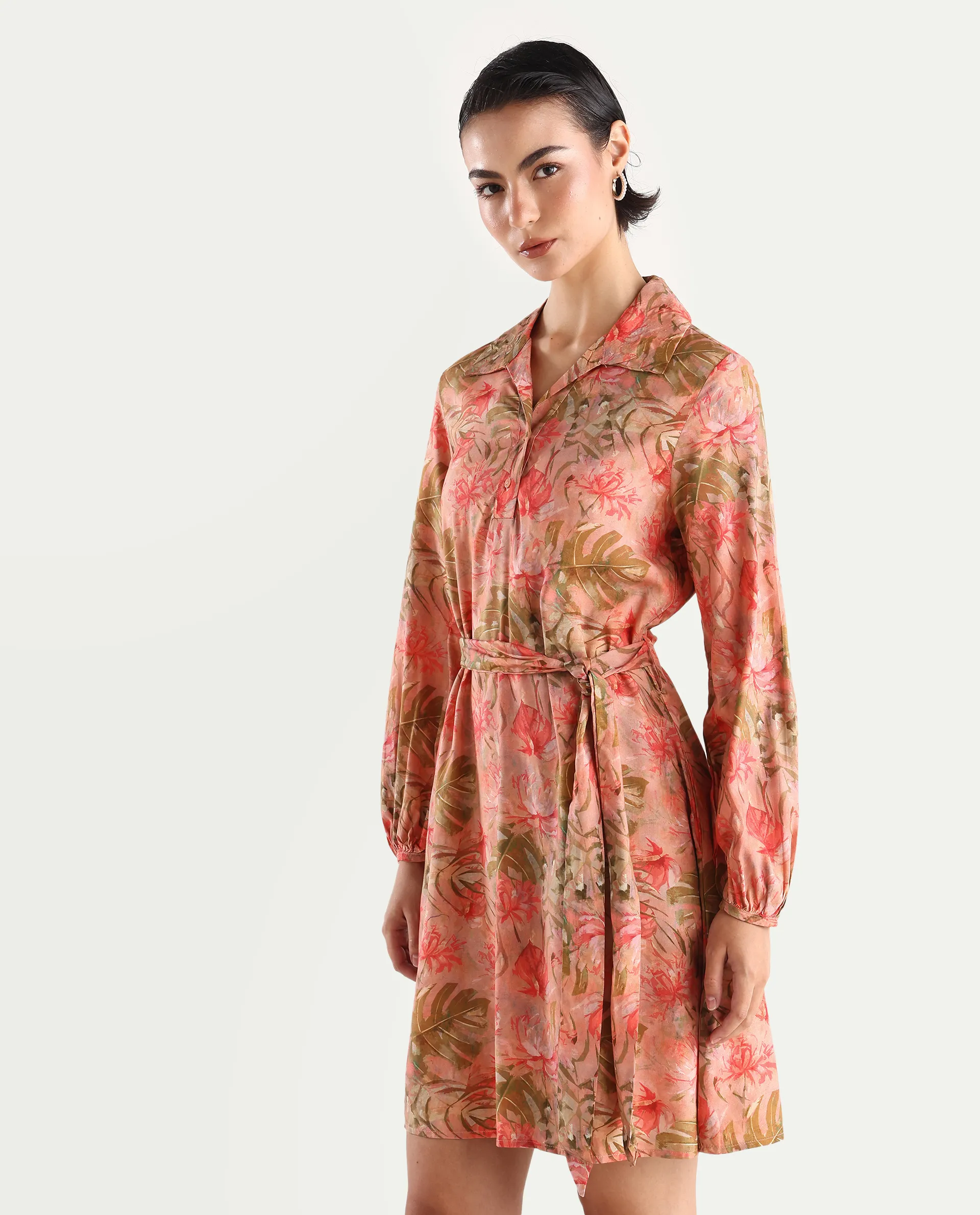 Rareism Women's Youat Multi Viscose Spread Collar Floral Print Bishop Sleeve Mini Fit And Flare Dress - Image 5