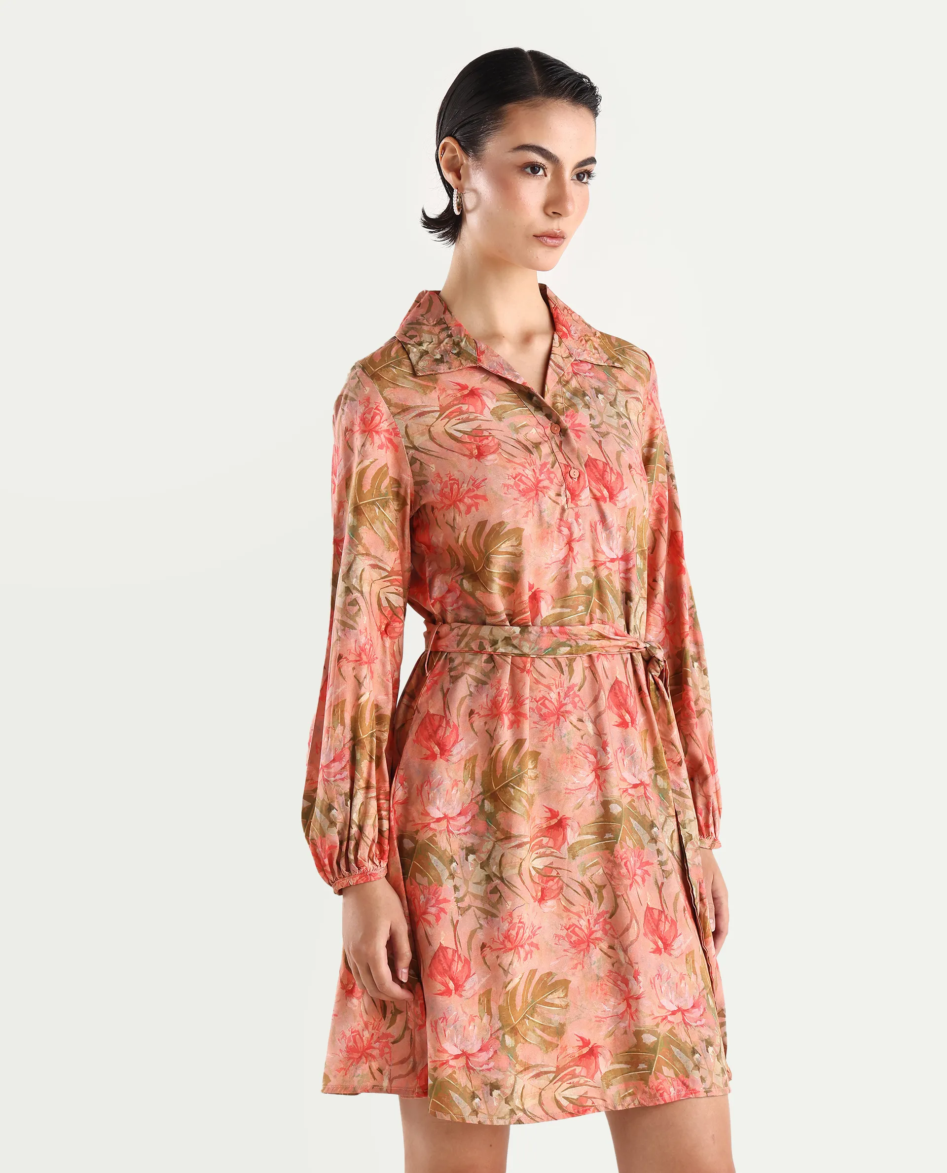 Rareism Women's Youat Multi Viscose Spread Collar Floral Print Bishop Sleeve Mini Fit And Flare Dress - Image 6