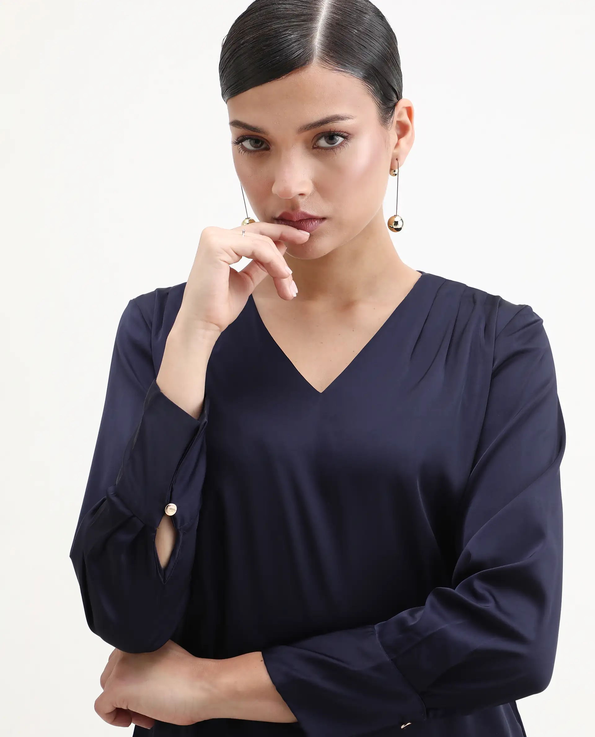 Rareism Women's Yuhay Navy Polyester Blend V-Neck Plain Cuffed Sleeve Regular Fit Top - Image 3