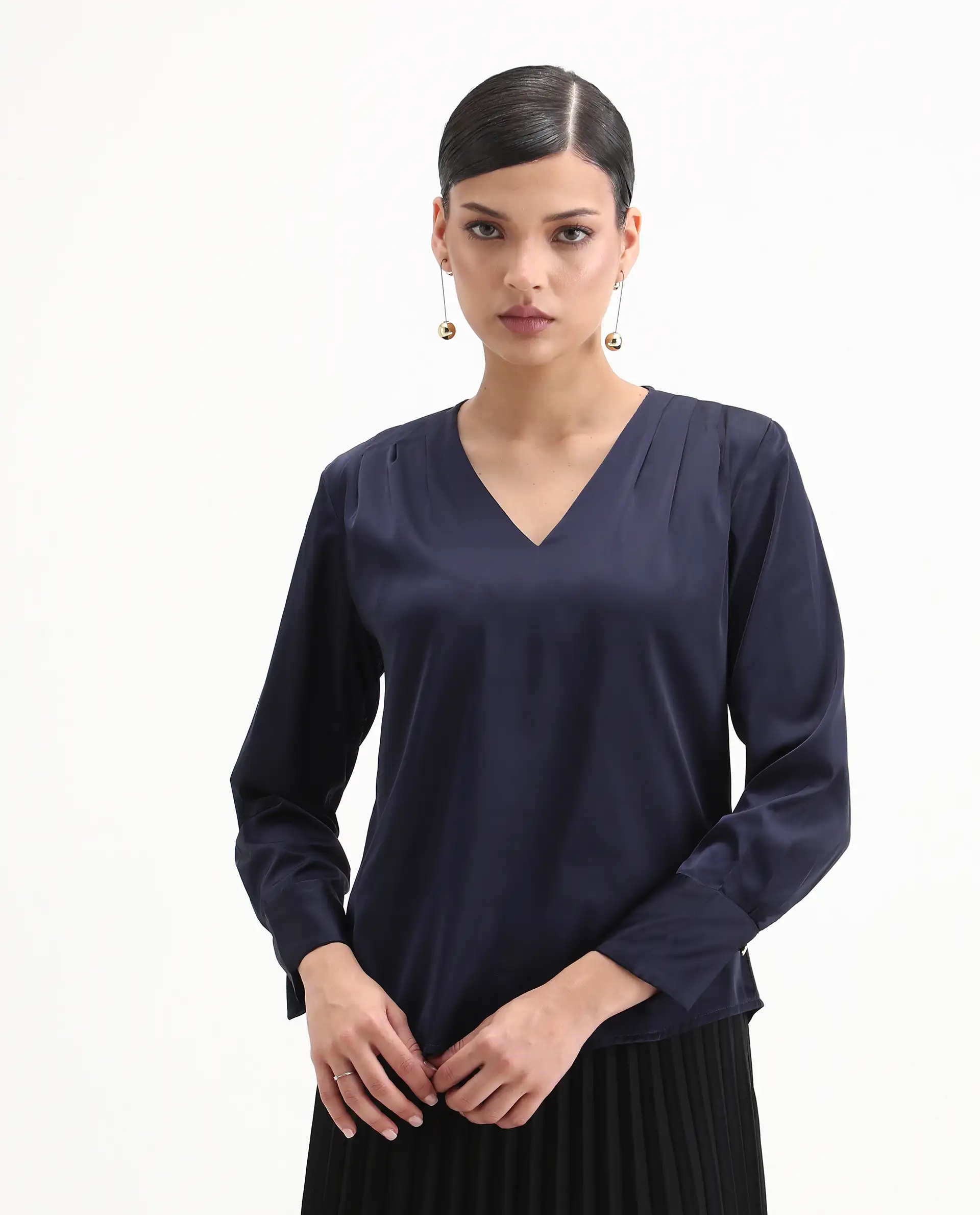 Rareism Women's Yuhay Navy Polyester Blend V-Neck Plain Cuffed Sleeve Regular Fit Top - Image 6