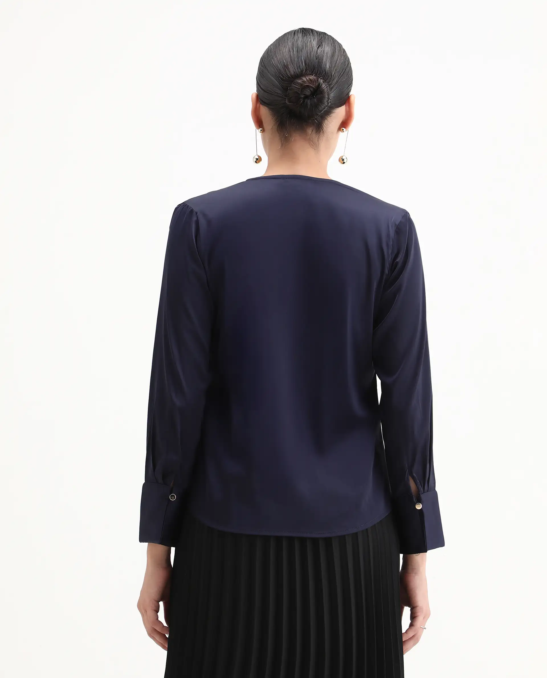 Rareism Women's Yuhay Navy Polyester Blend V-Neck Plain Cuffed Sleeve Regular Fit Top - Image 7