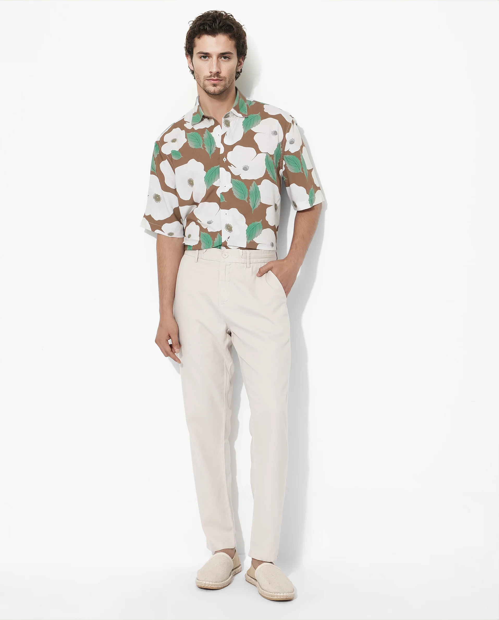 Rare Rabbit Men's Yuki Brown Viscose Floral Print Boxy Fit Half Sleeve Collared Shirt - Image 2
