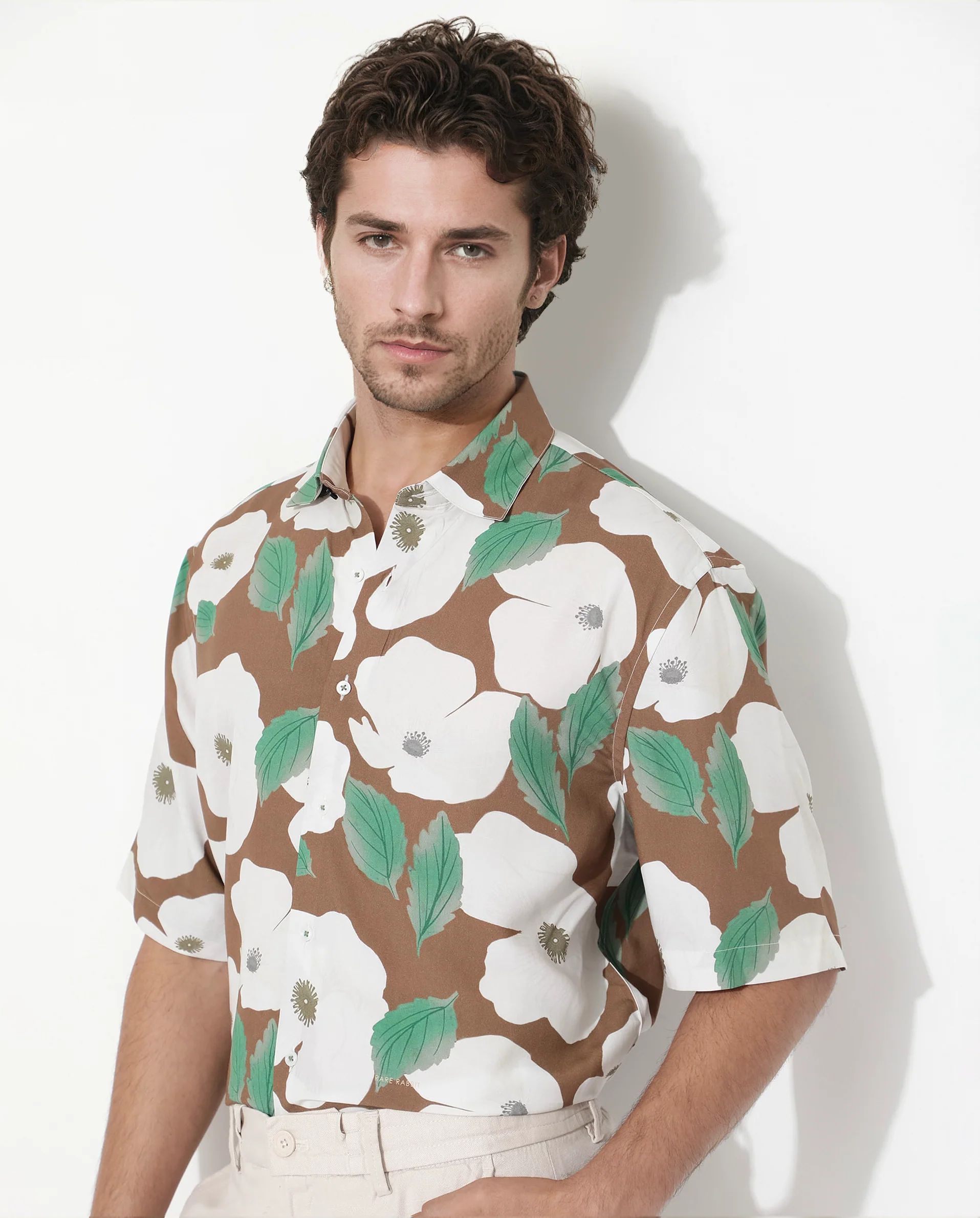Rare Rabbit Men's Yuki Brown Viscose Floral Print Boxy Fit Half Sleeve Collared Shirt - Image 3