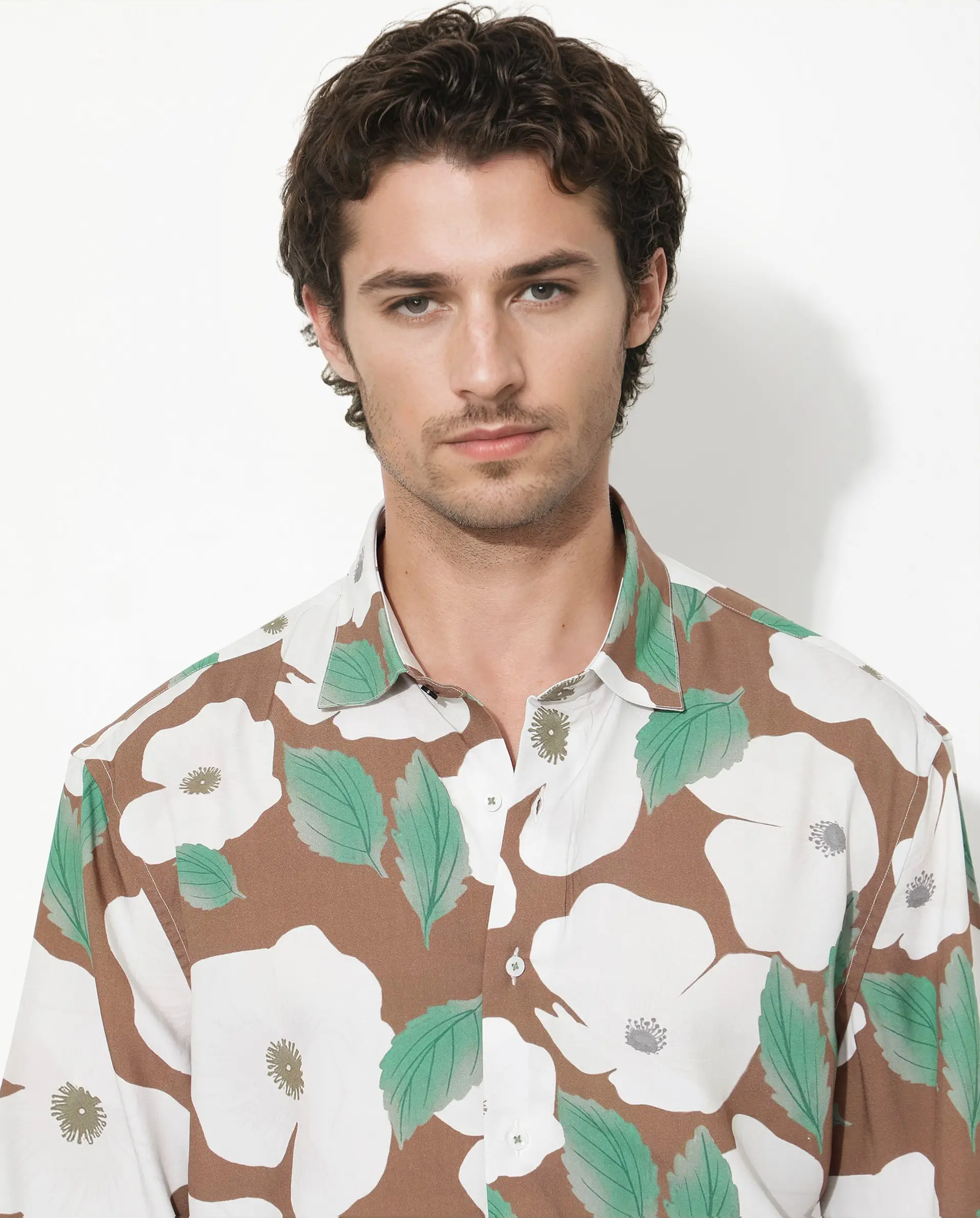 Rare Rabbit Men's Yuki Brown Viscose Floral Print Boxy Fit Half Sleeve Collared Shirt - Image 4