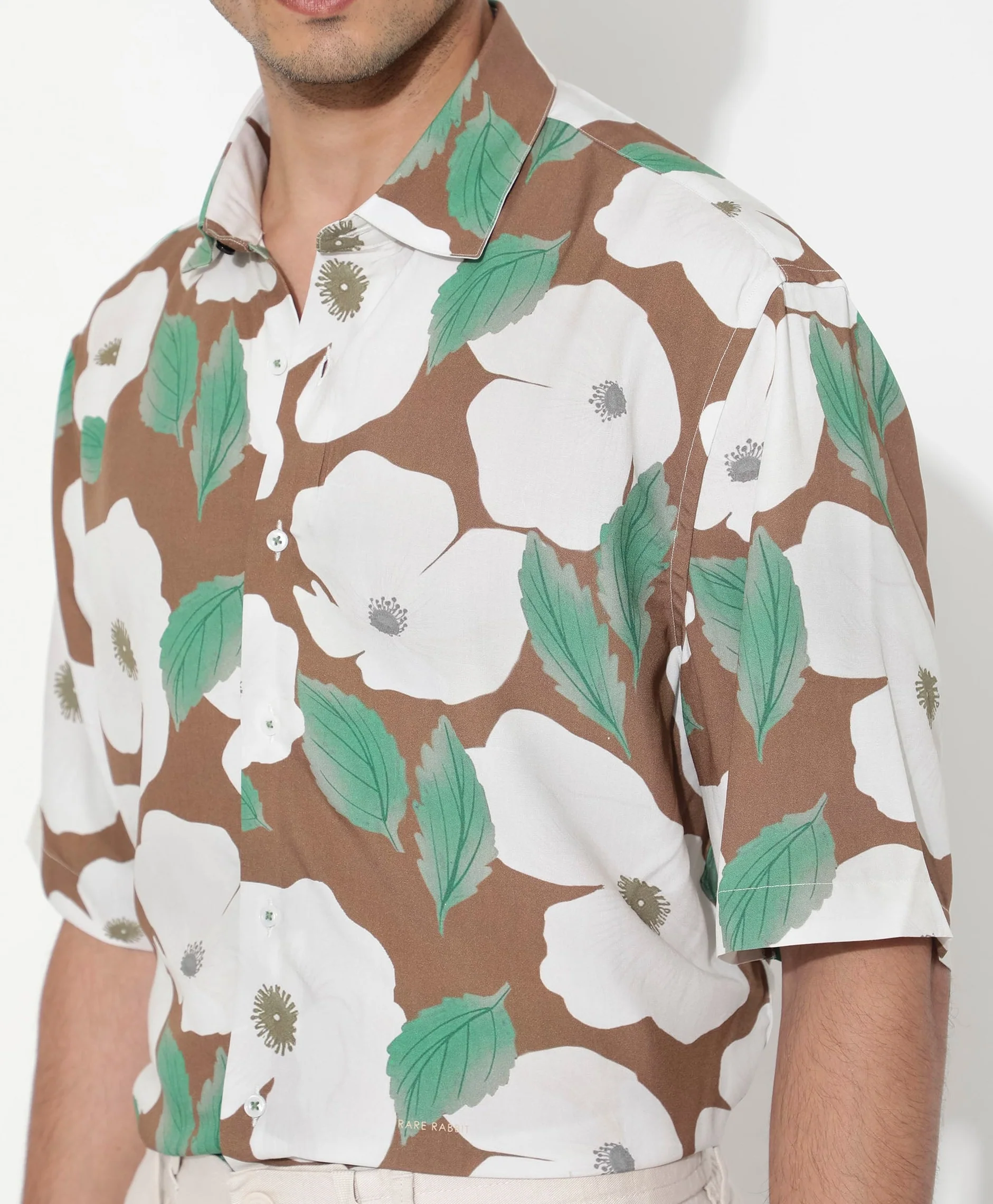 Rare Rabbit Men's Yuki Brown Viscose Floral Print Boxy Fit Half Sleeve Collared Shirt - Image 5