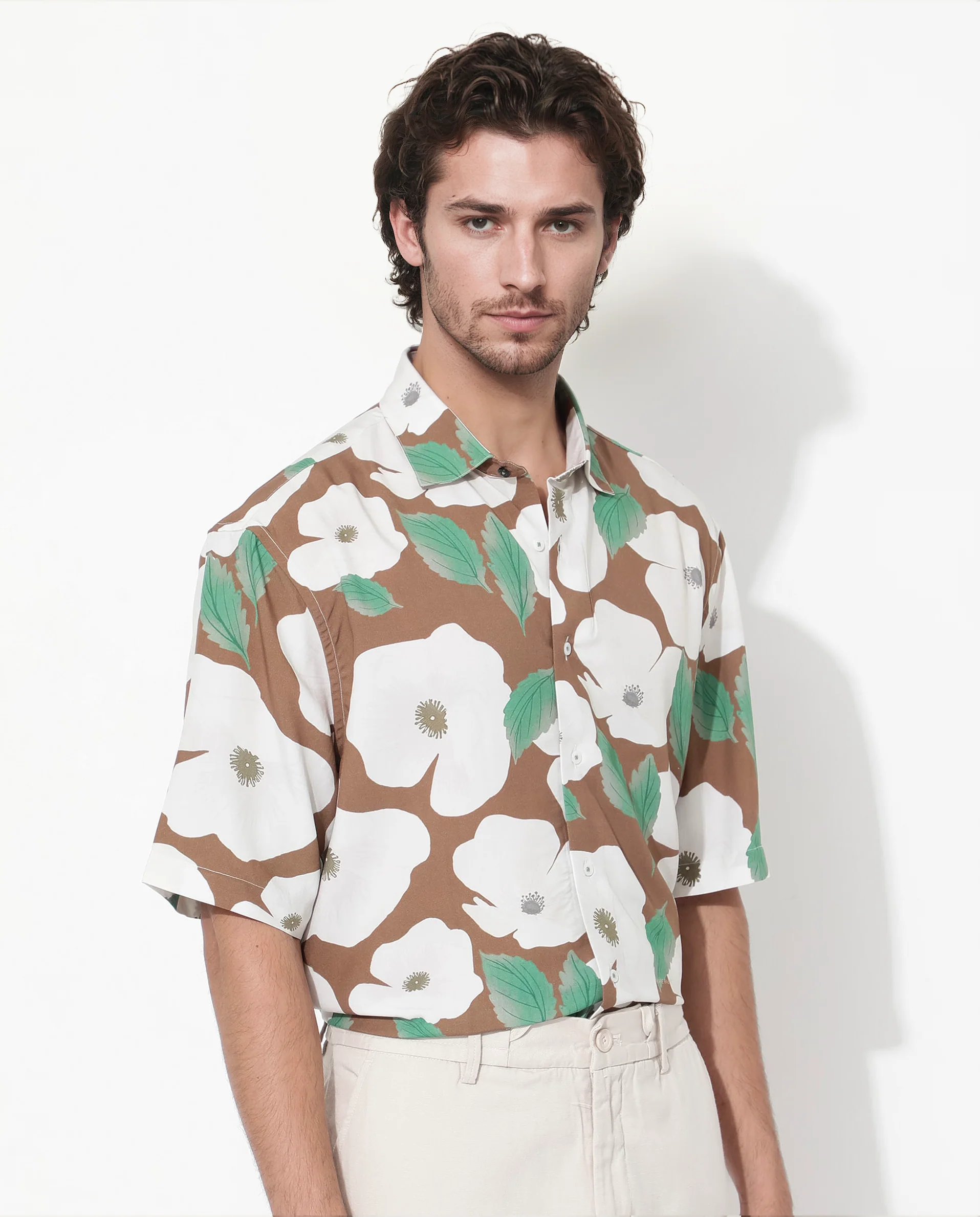 Rare Rabbit Men's Yuki Brown Viscose Floral Print Boxy Fit Half Sleeve Collared Shirt - Image 6