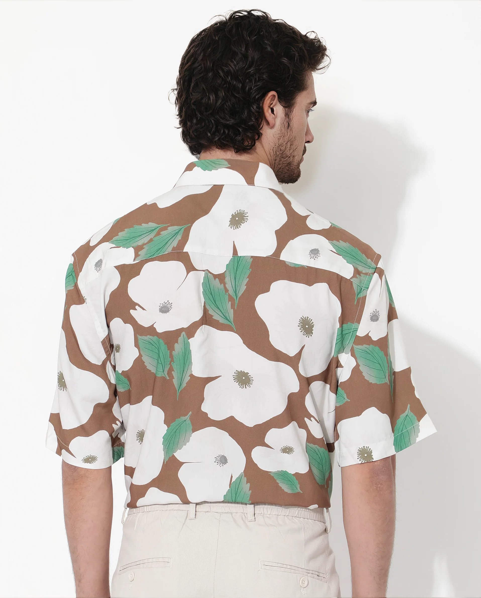 Rare Rabbit Men's Yuki Brown Viscose Floral Print Boxy Fit Half Sleeve Collared Shirt - Image 7