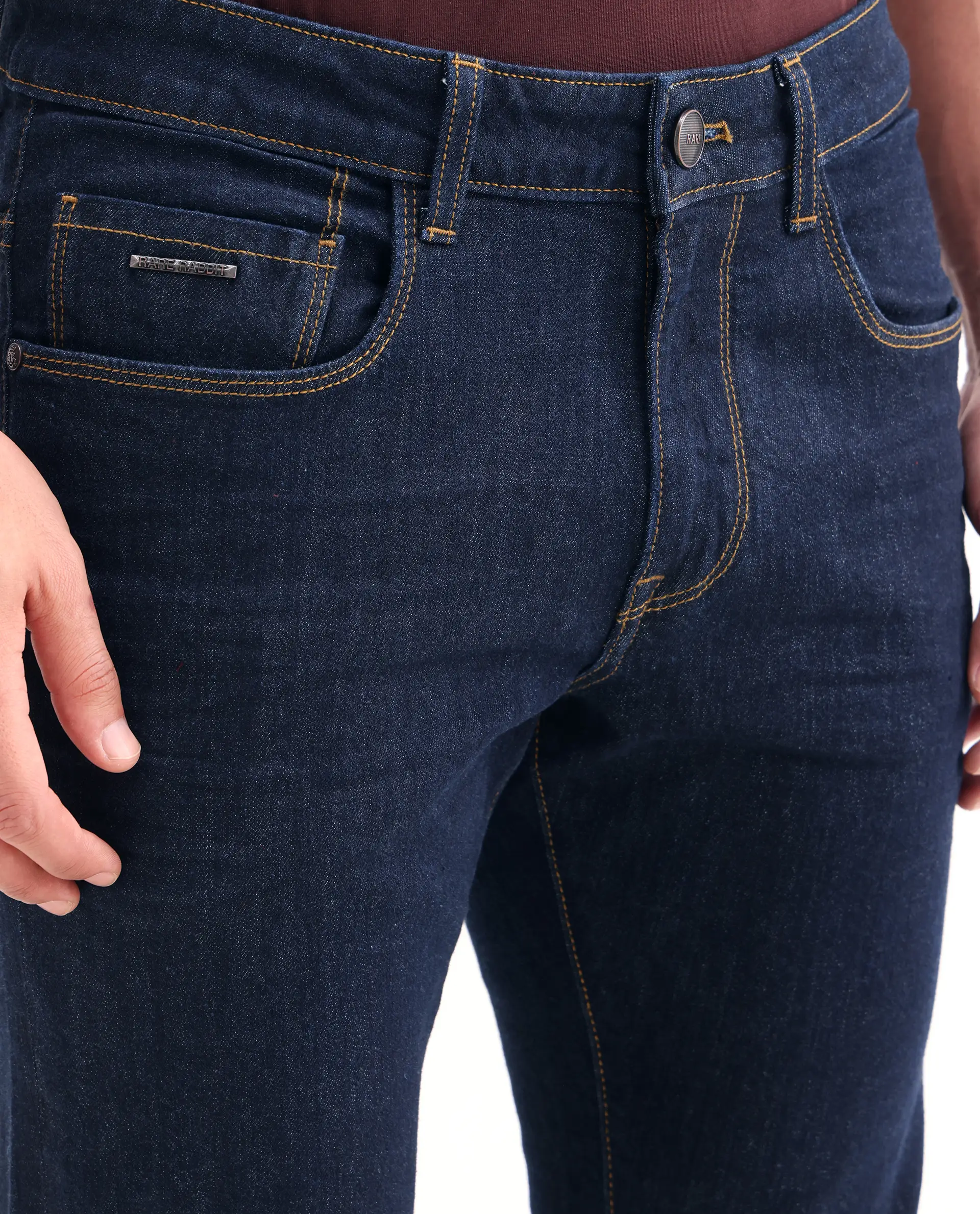 Rare Rabbit Men's Yukto H Dark Navy Cotton Blend Fabric Shank And Zipper Hawk Slim Plain Jeans - Image 3