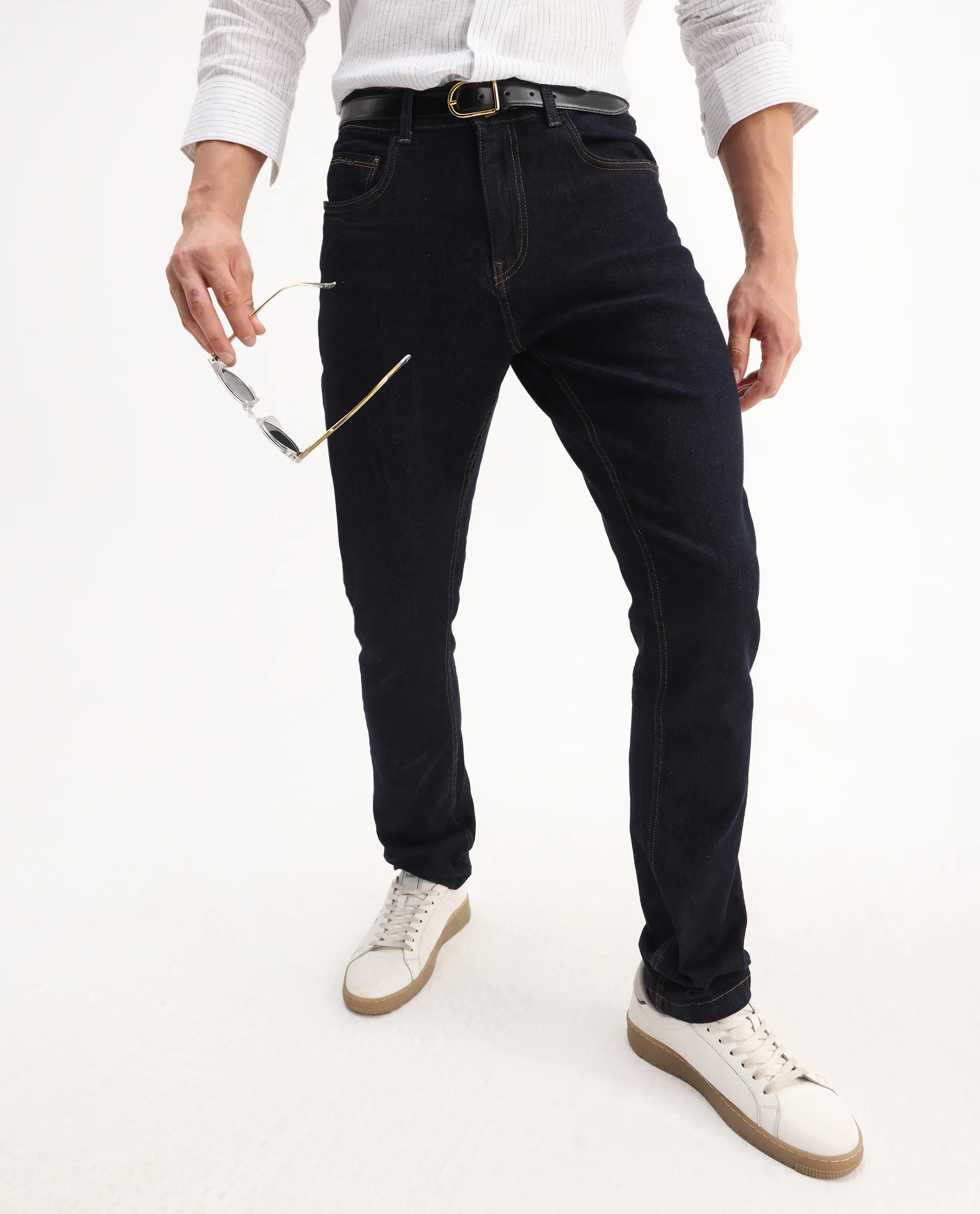 Rare Rabbit Men's Yukto Navy Cotton Plain Hawk Slim Fit Jeans - Image 2