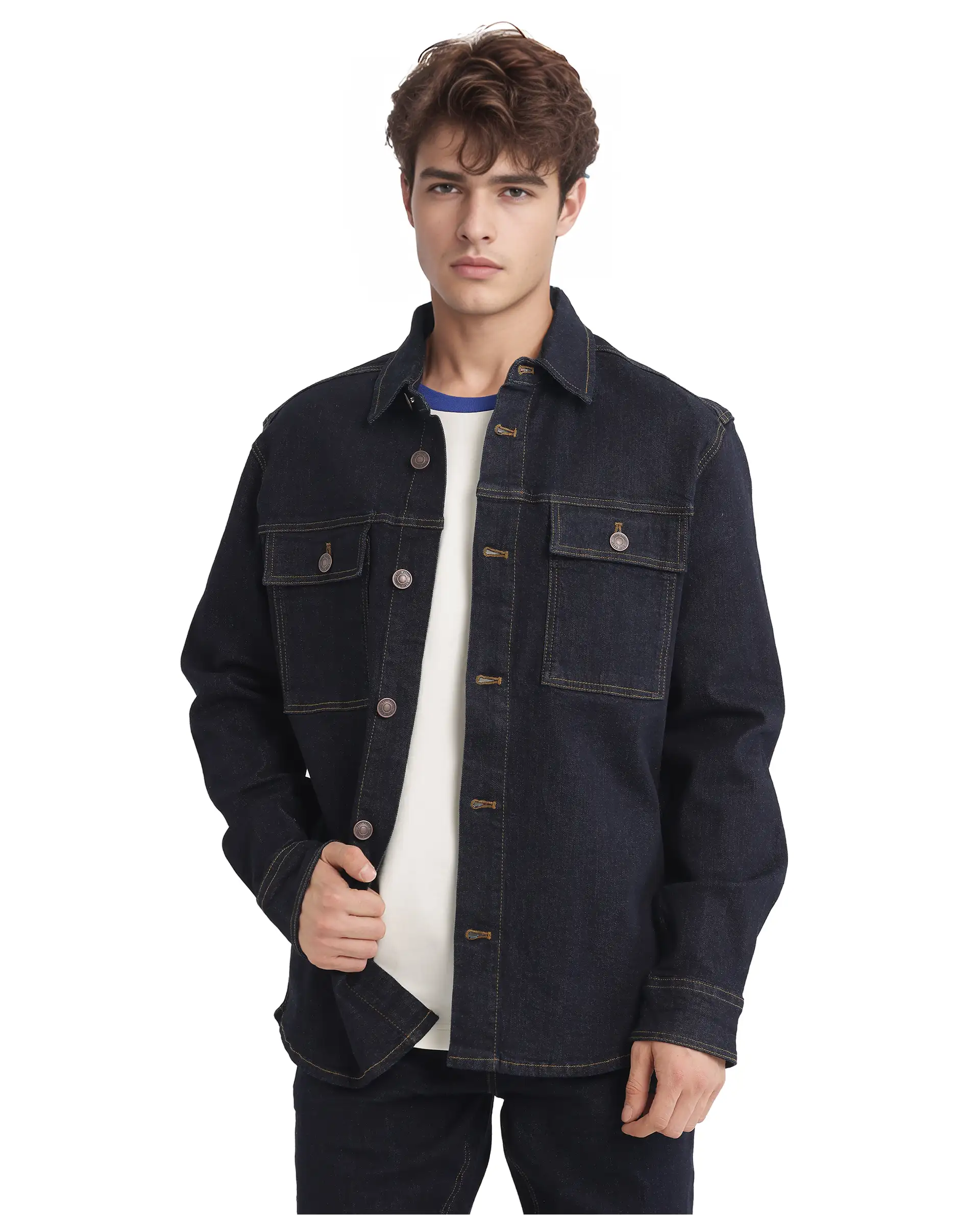 Rare Rabbit Men's Yulio Navy Cotton Plain Slim Fit Full Sleeve Spread Collar Jacket - Image 2