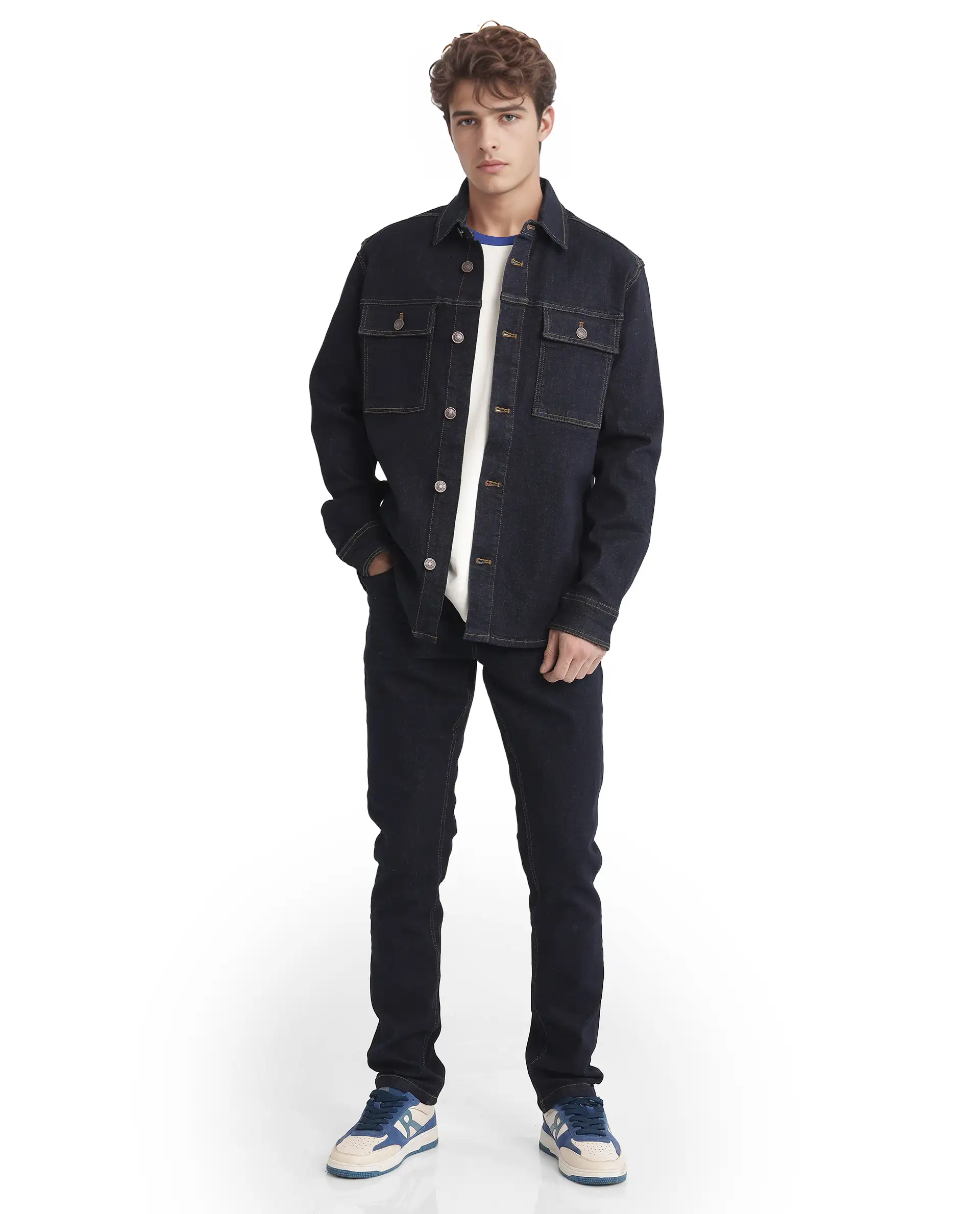 Rare Rabbit Men's Yulio Navy Cotton Plain Slim Fit Full Sleeve Spread Collar Jacket - Image 3