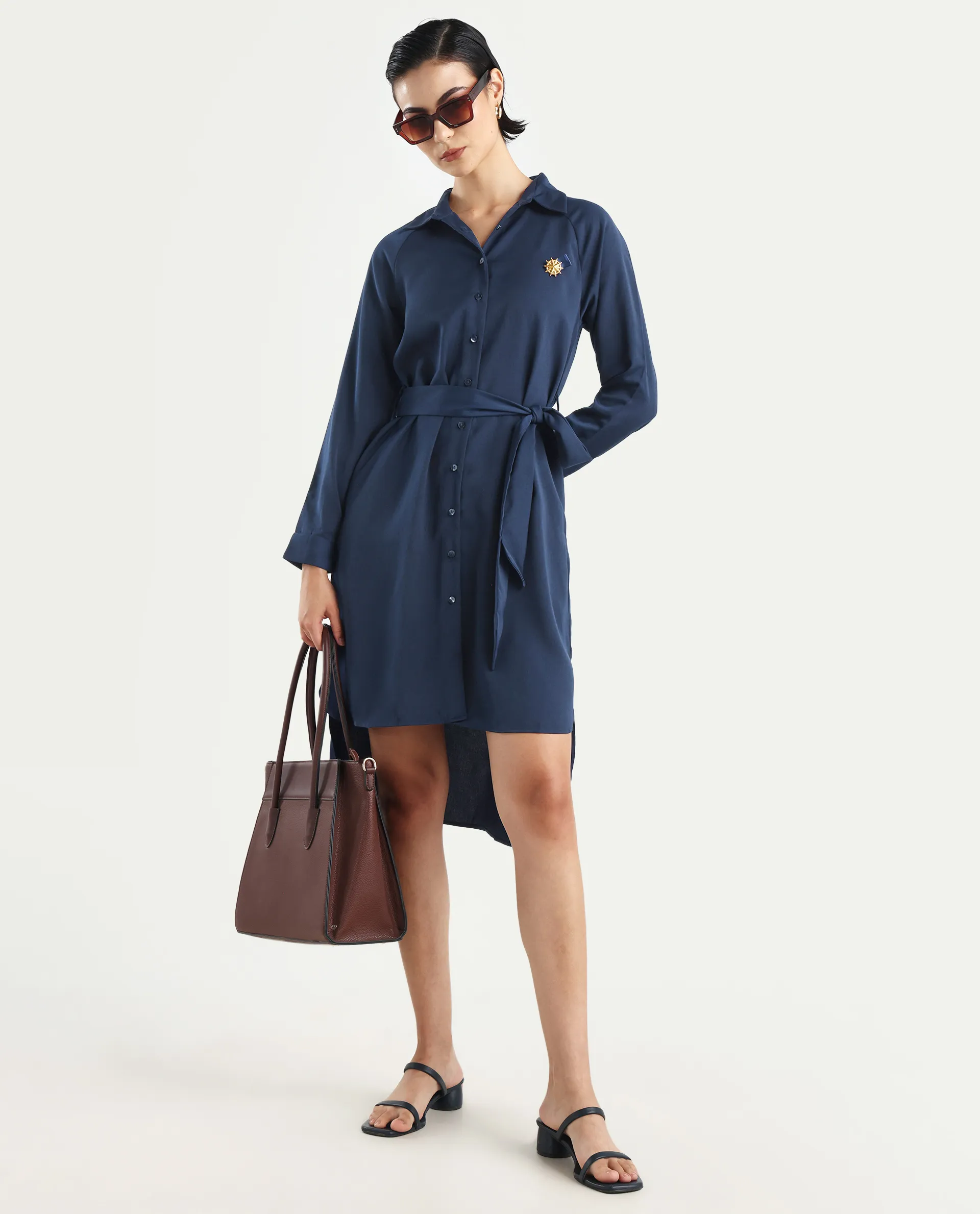 Rareism Women's Yulu Navy Satin Drop Collar Plain Cuffed Sleeve Midi Straight Fit Dress - Image 2
