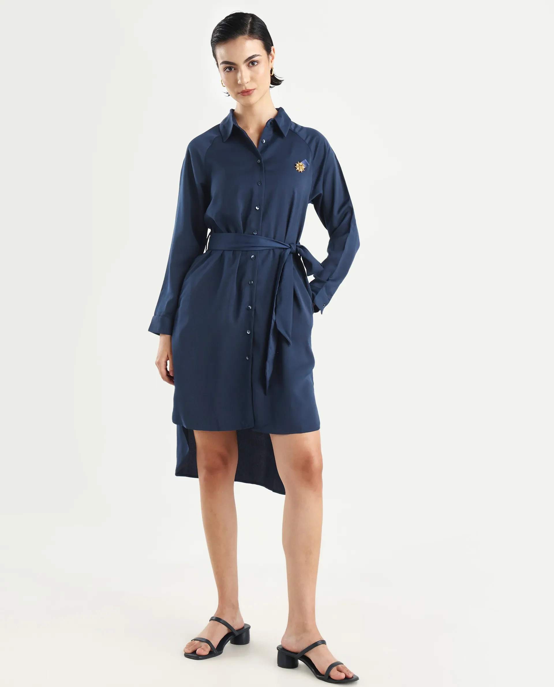 Rareism Women's Yulu Navy Satin Drop Collar Plain Cuffed Sleeve Midi Straight Fit Dress - Image 3