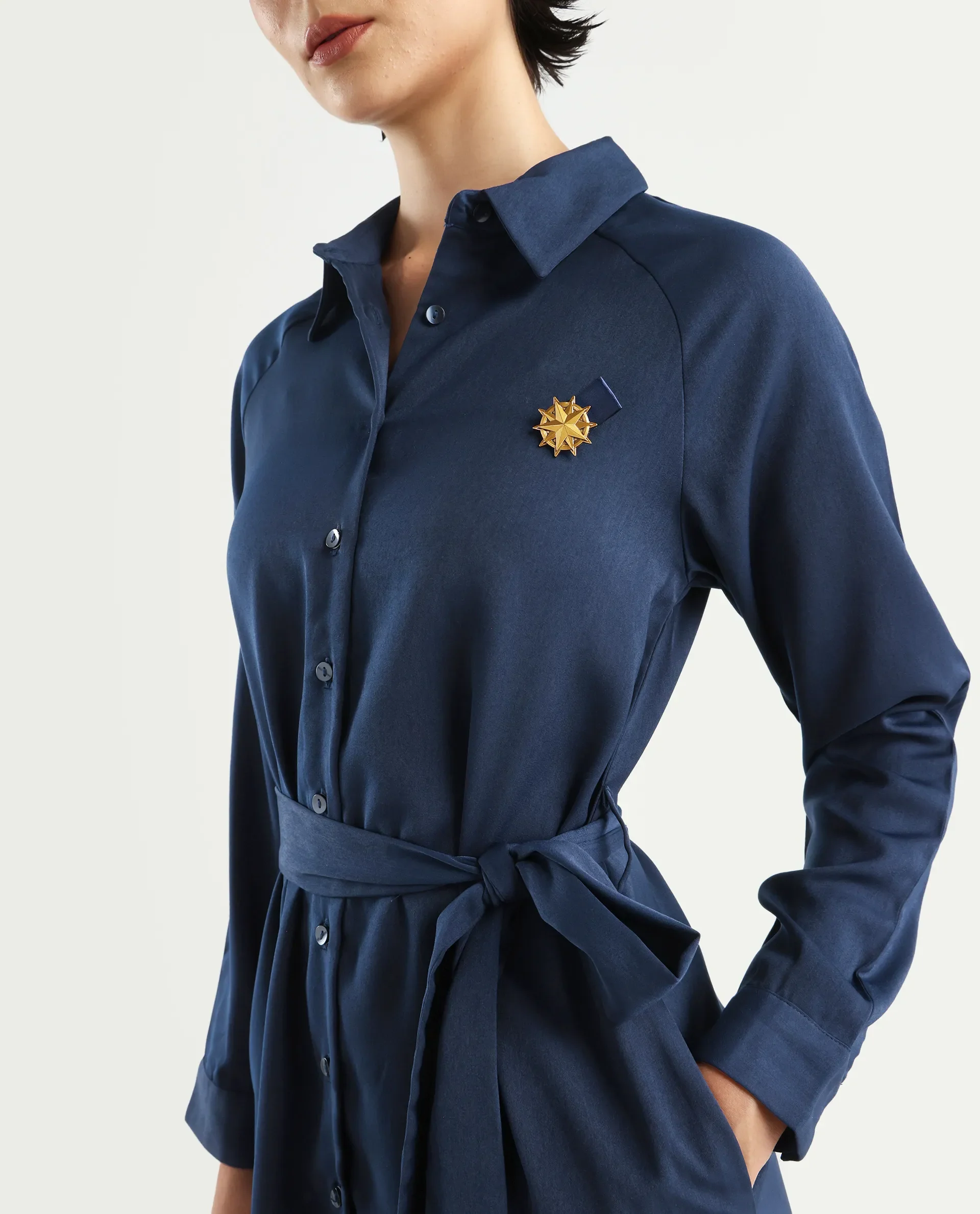 Rareism Women's Yulu Navy Satin Drop Collar Plain Cuffed Sleeve Midi Straight Fit Dress - Image 5