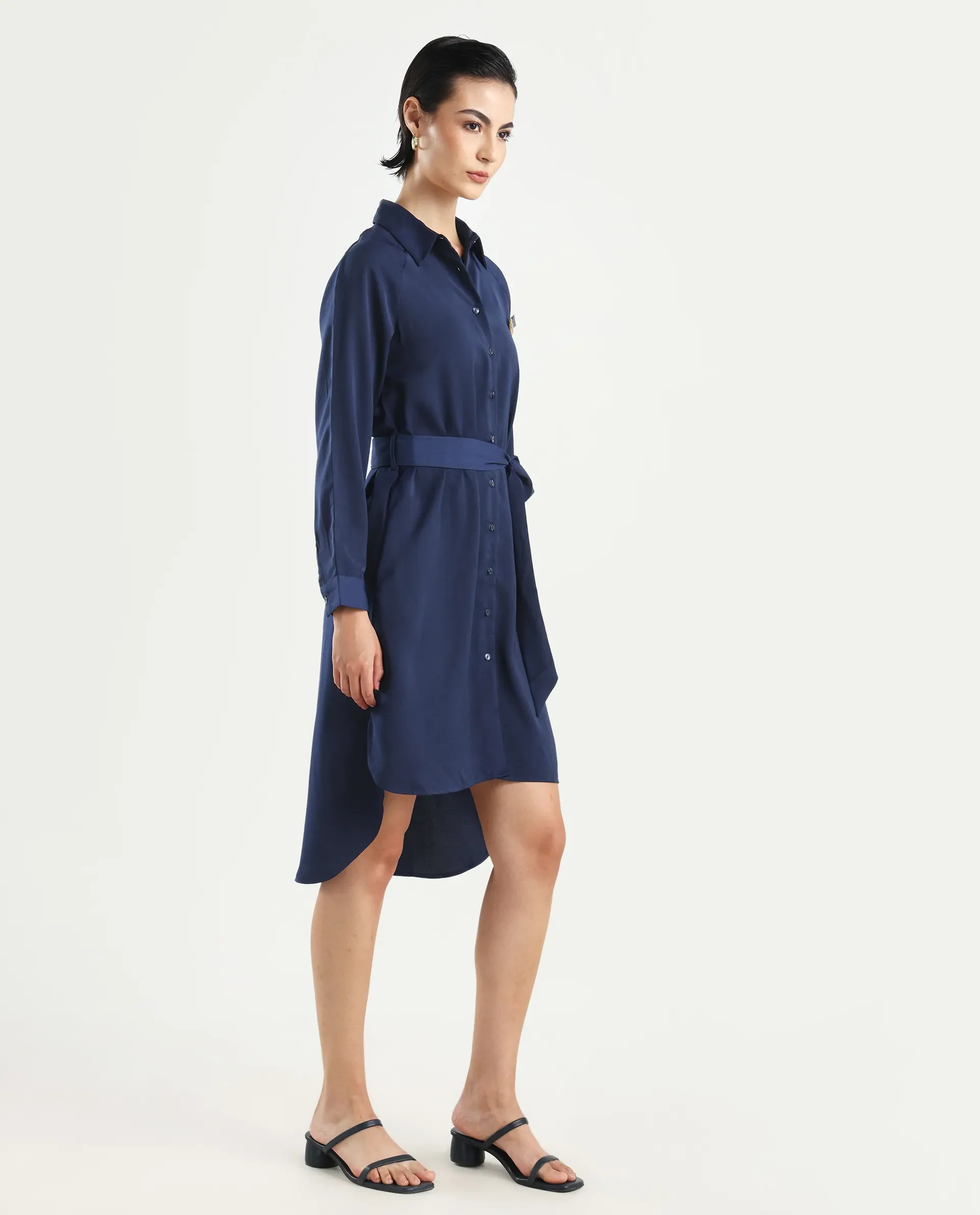 Rareism Women's Yulu Navy Satin Drop Collar Plain Cuffed Sleeve Midi Straight Fit Dress - Image 6