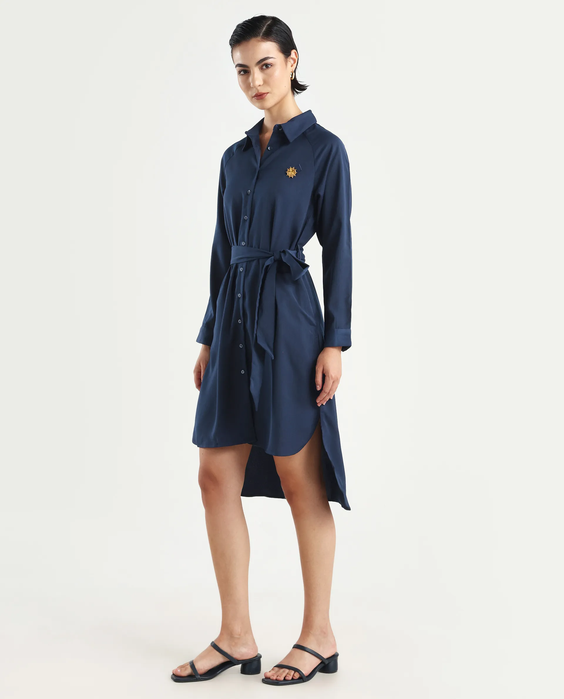 Rareism Women's Yulu Navy Satin Drop Collar Plain Cuffed Sleeve Midi Straight Fit Dress - Image 7