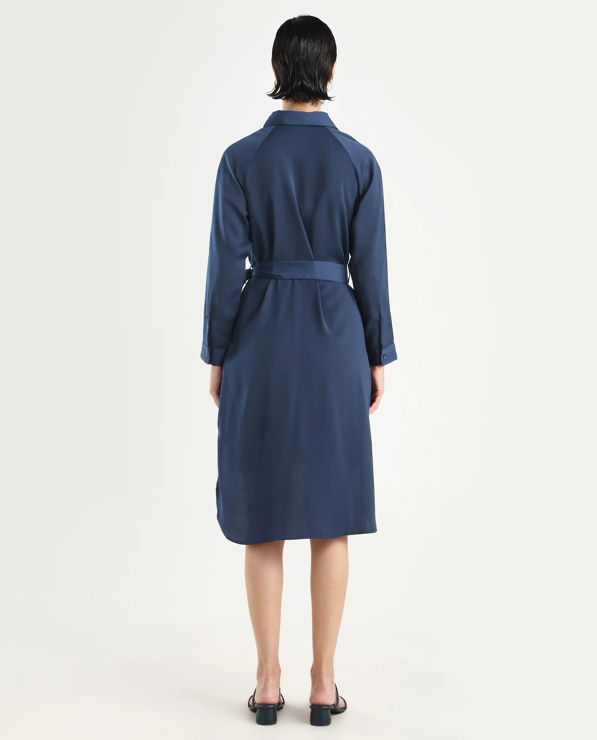 Rareism Women's Yulu Navy Satin Drop Collar Plain Cuffed Sleeve Midi Straight Fit Dress - Image 8