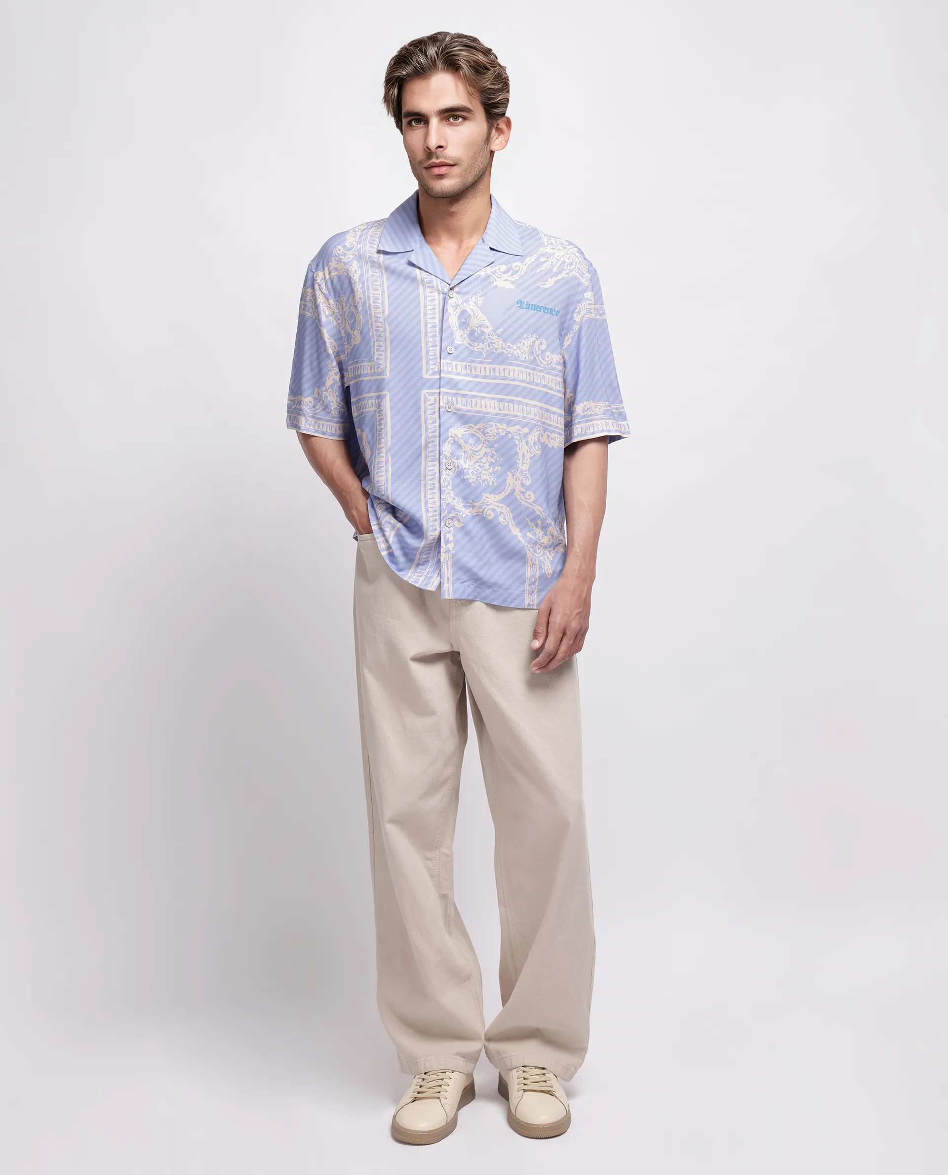 Rare Rabbit Men's Yuna Purple Viscose Placement Print Boxy Fit Half Sleeve Cuban Collar Shirt - Image 2