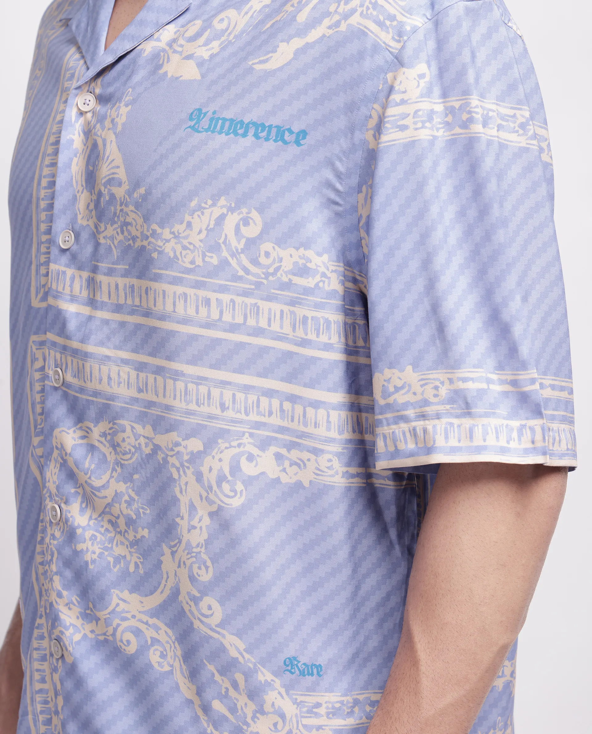 Rare Rabbit Men's Yuna Purple Viscose Placement Print Boxy Fit Half Sleeve Cuban Collar Shirt - Image 3