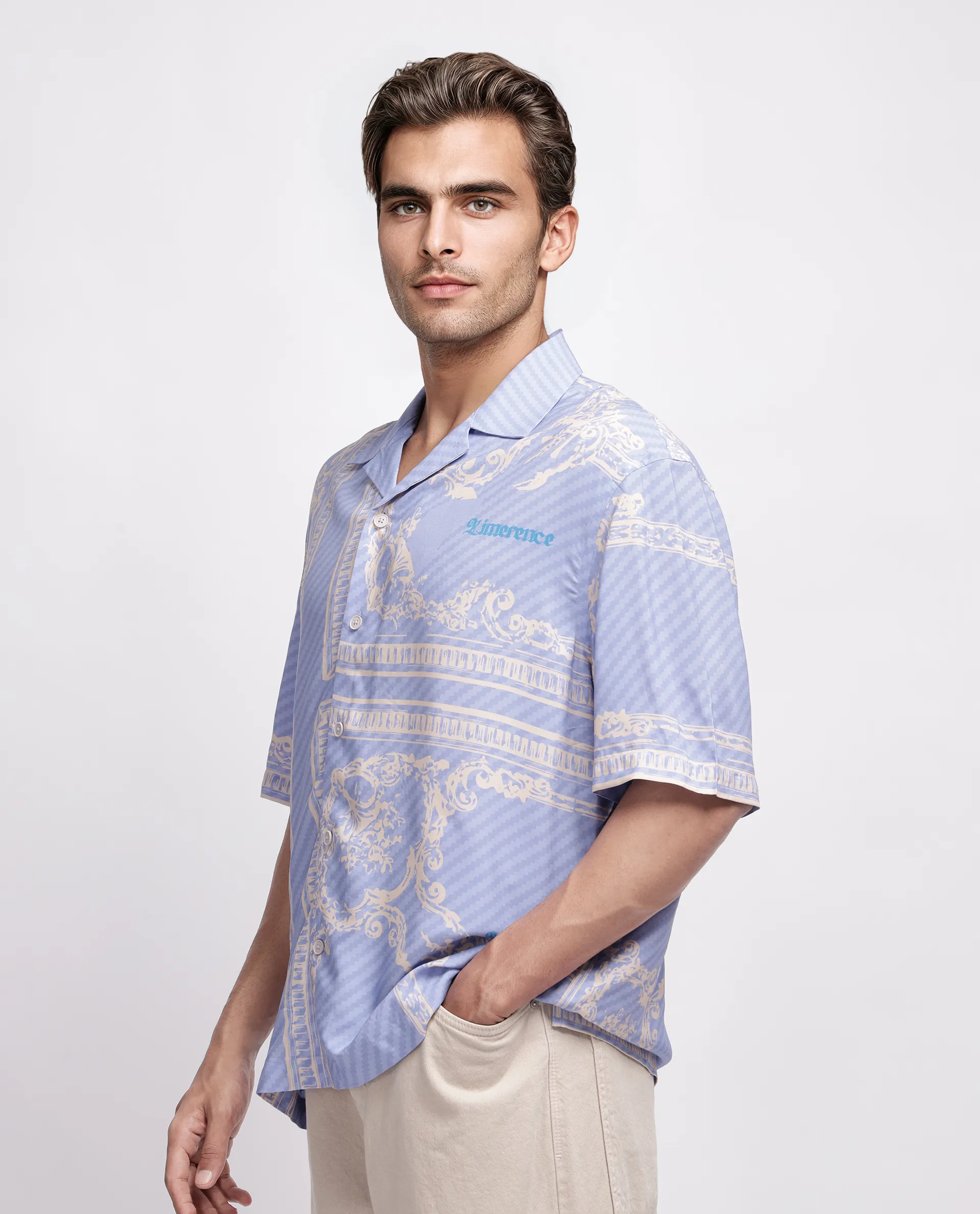 Rare Rabbit Men's Yuna Purple Viscose Placement Print Boxy Fit Half Sleeve Cuban Collar Shirt - Image 5