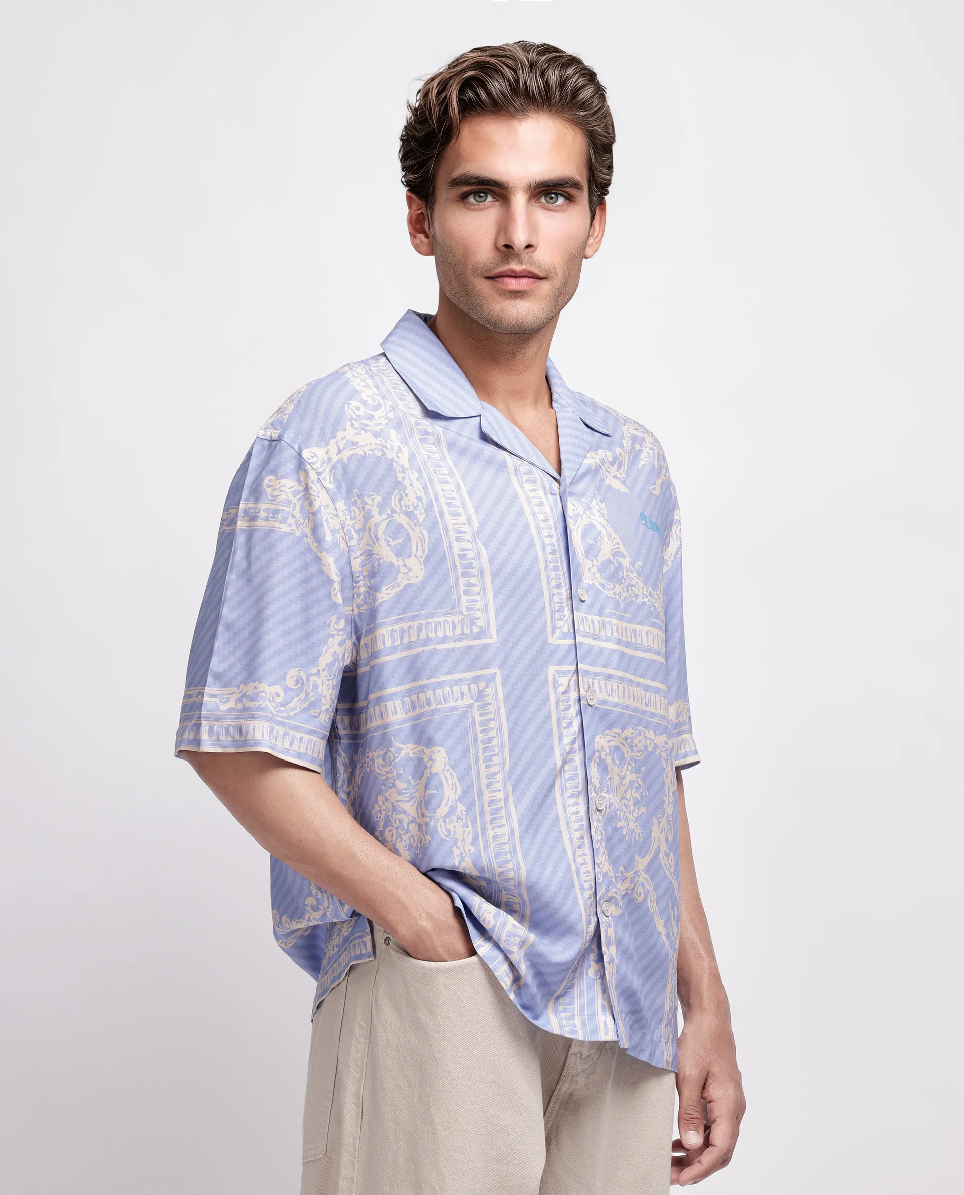 Rare Rabbit Men's Yuna Purple Viscose Placement Print Boxy Fit Half Sleeve Cuban Collar Shirt - Image 6