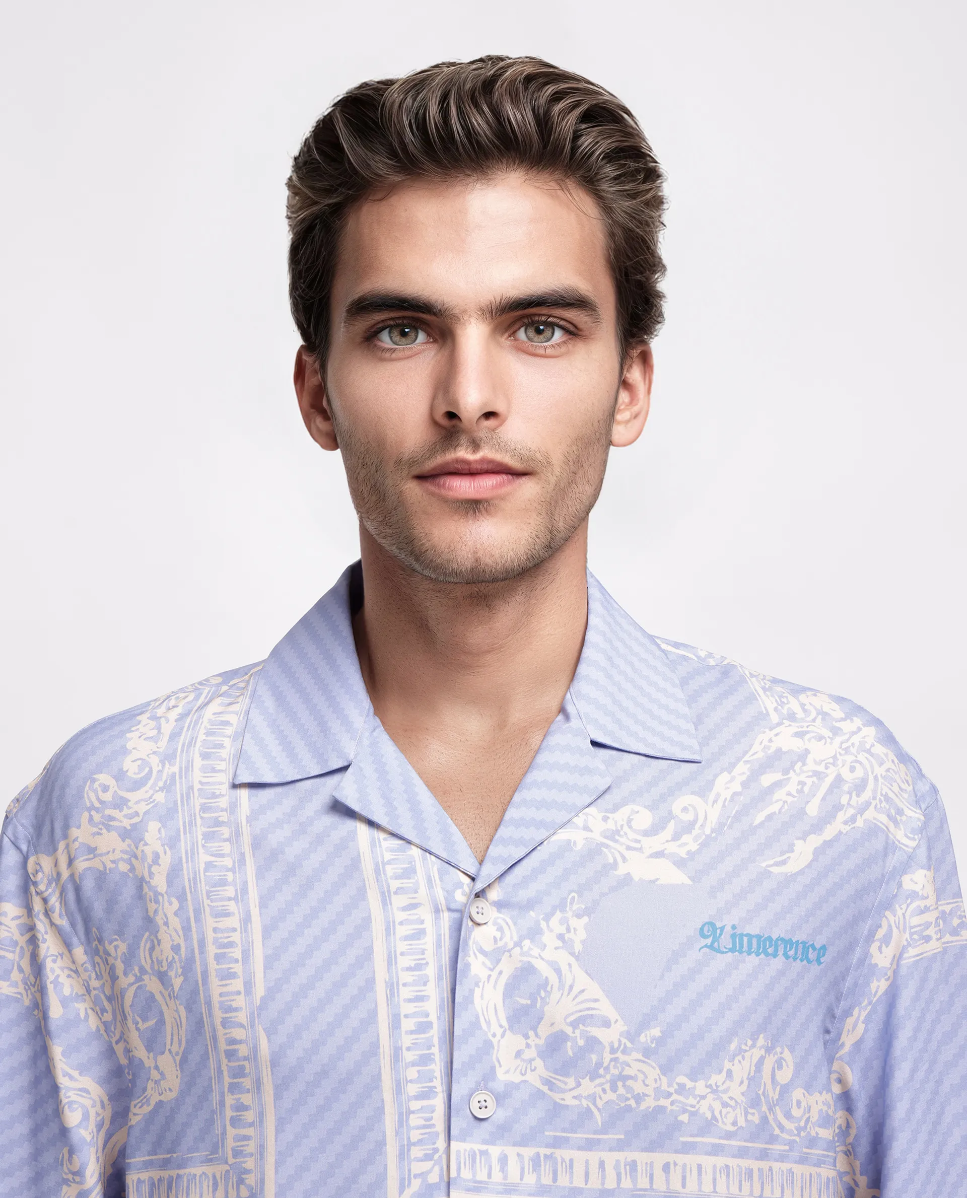 Rare Rabbit Men's Yuna Purple Viscose Placement Print Boxy Fit Half Sleeve Cuban Collar Shirt - Image 7