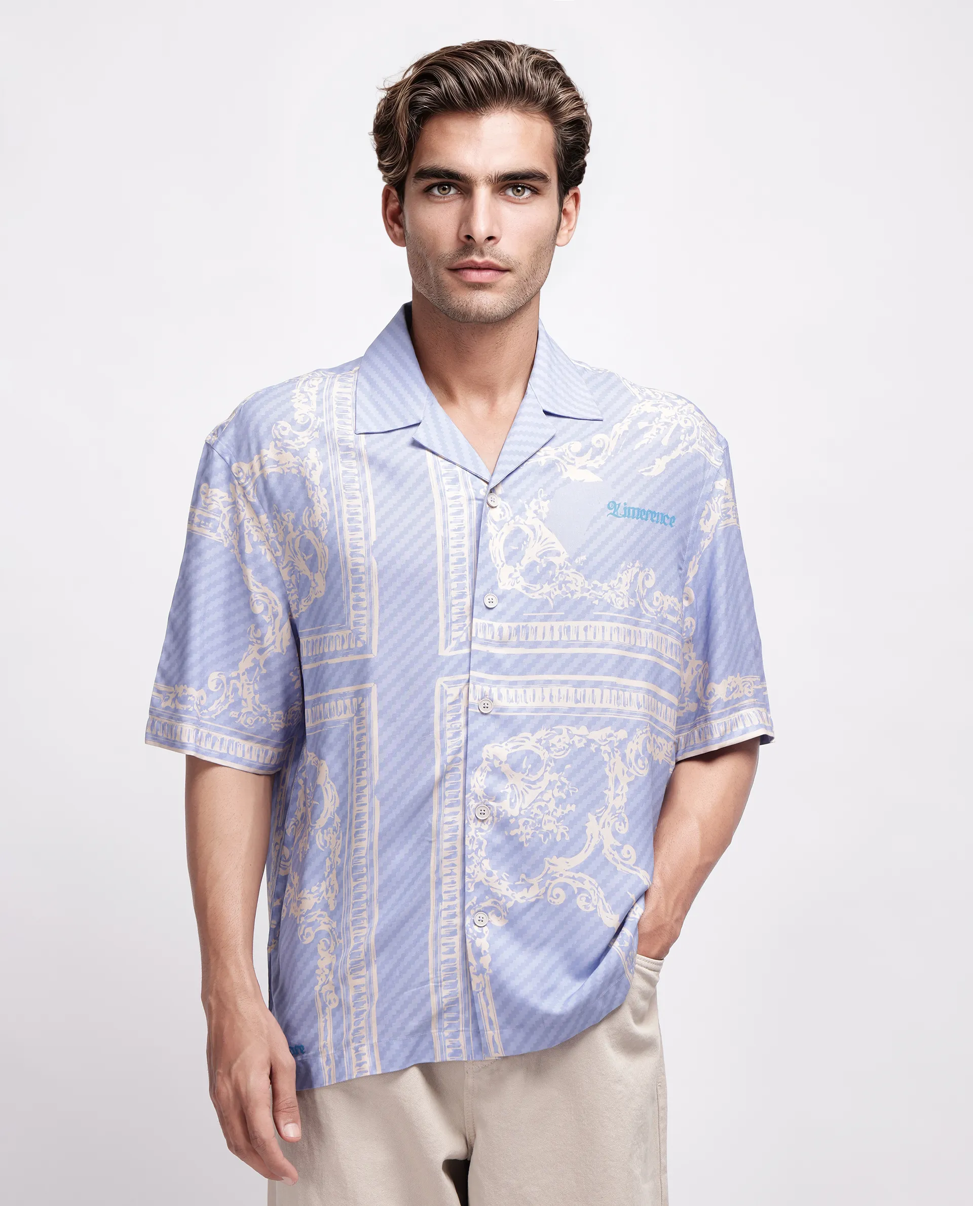 Rare Rabbit Men's Yuna Purple Viscose Placement Print Boxy Fit Half Sleeve Cuban Collar Shirt - Image 8