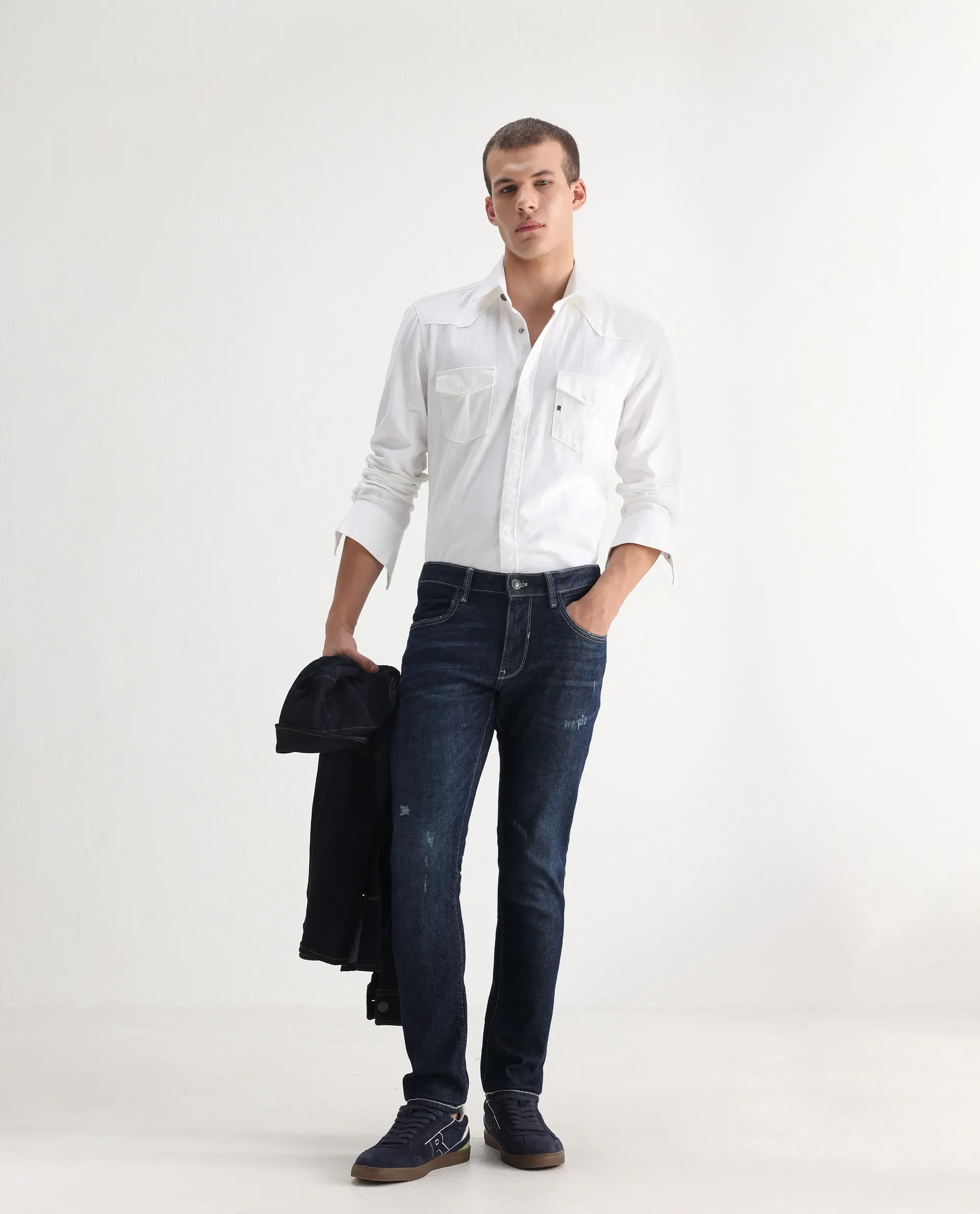Rare Rabbit Men's Yuri Dark Blue Cotton Plain Hawk Slim Fit Jeans