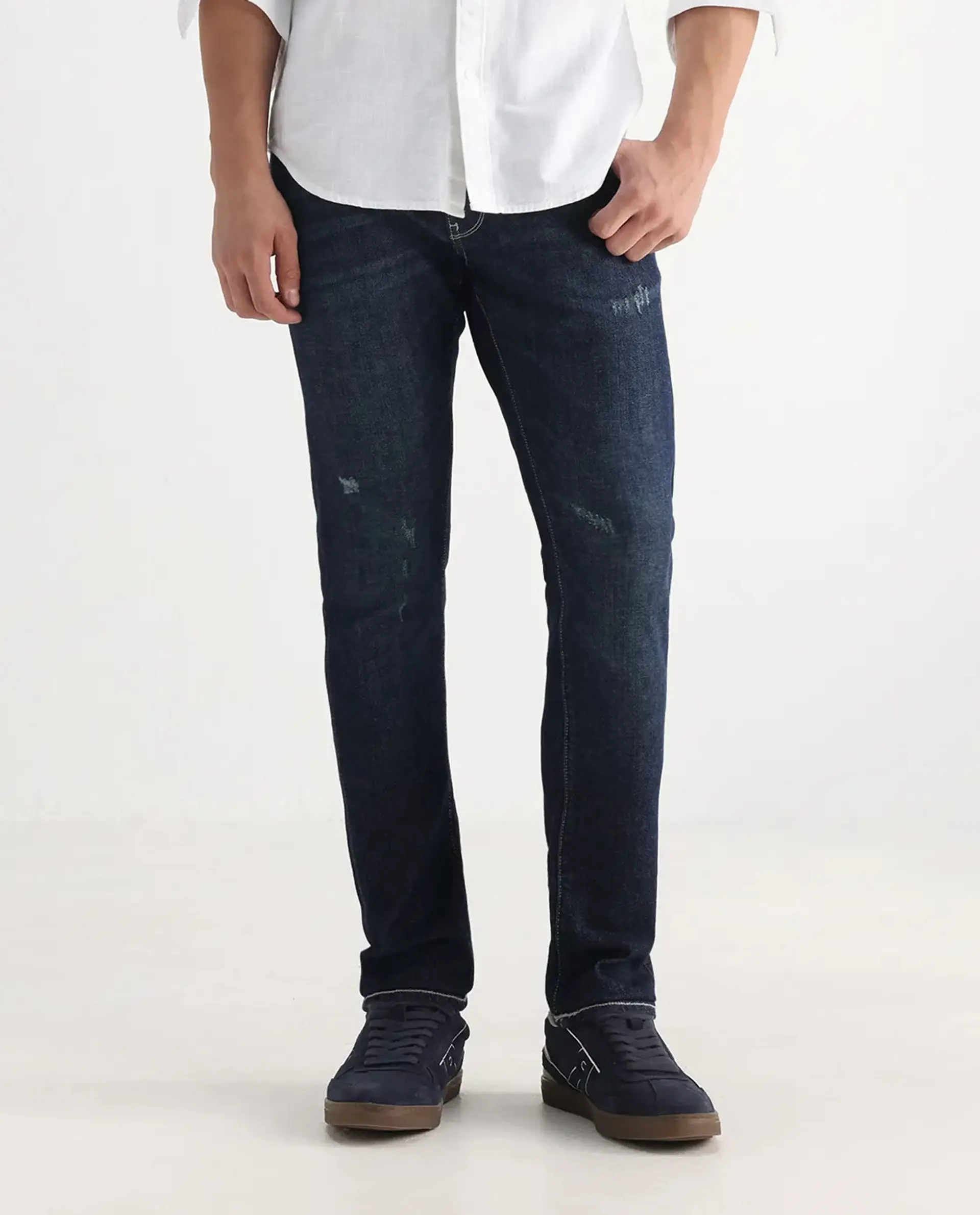 Rare Rabbit Men's Yuri Dark Blue Cotton Plain Hawk Slim Fit Jeans - Image 10