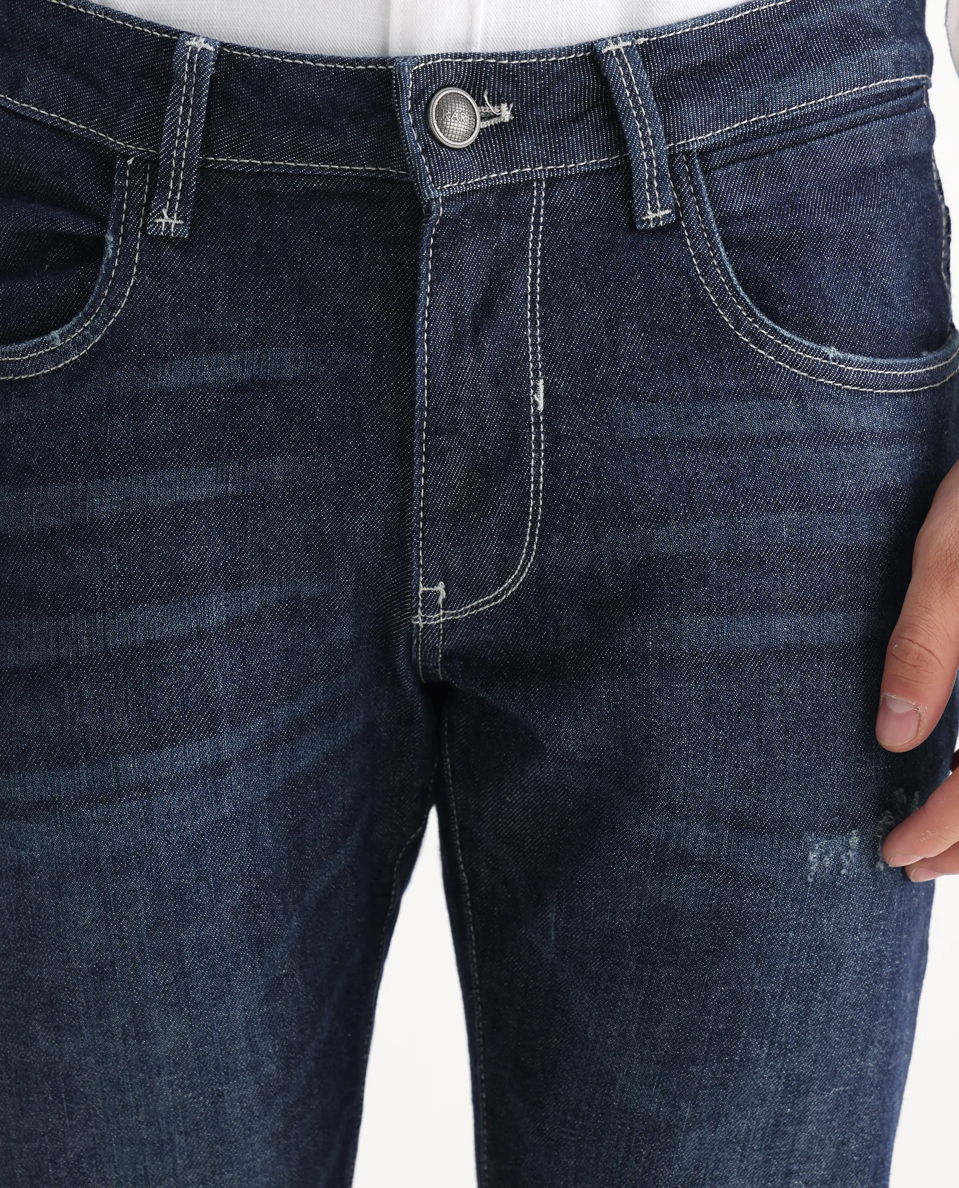 Rare Rabbit Men's Yuri Dark Blue Cotton Plain Hawk Slim Fit Jeans - Image 4