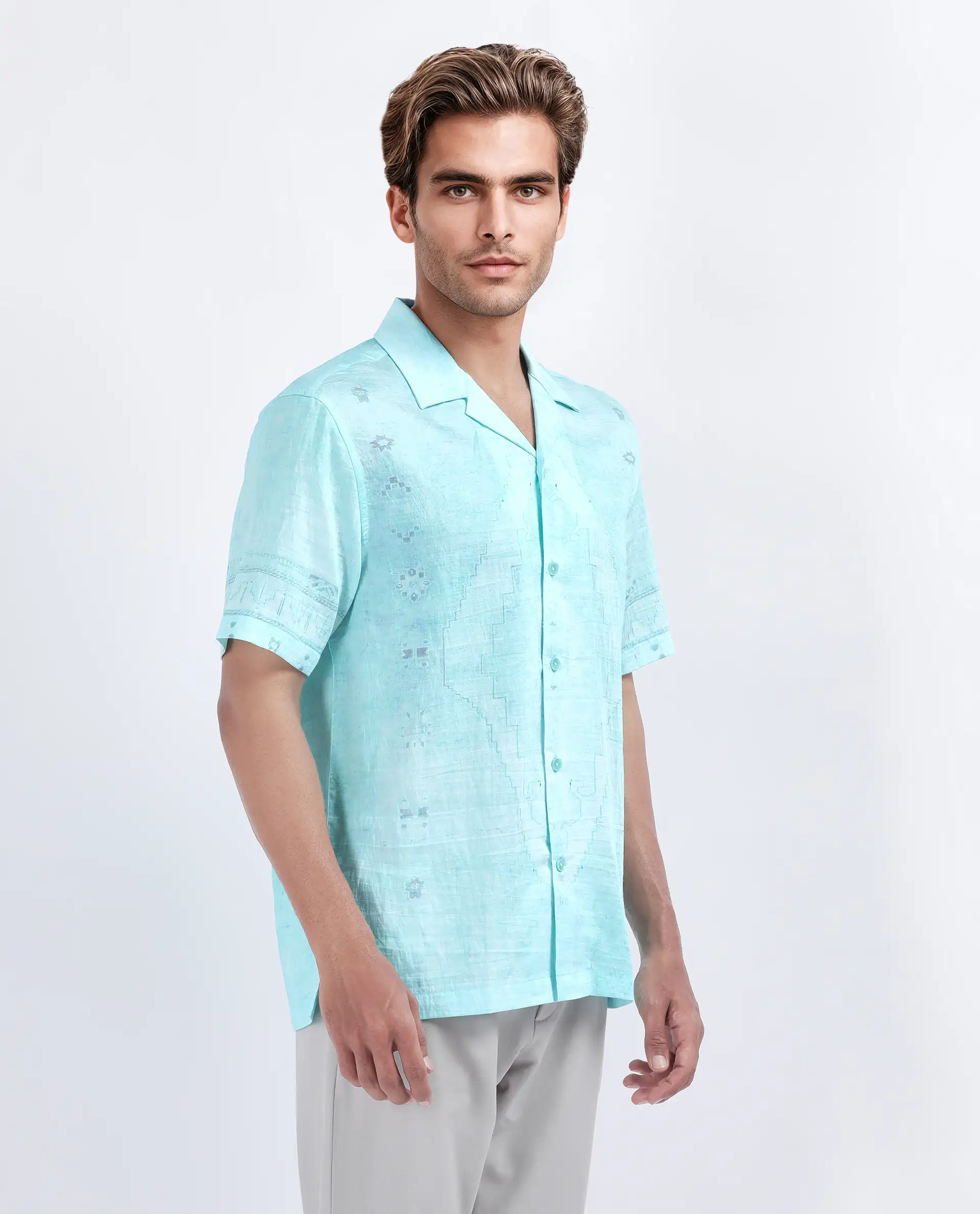 Rare Rabbit Men's Yusi Blue Viscose Blend Boxy Fit Half Sleeve Cuban Collar Shirt - Image 7