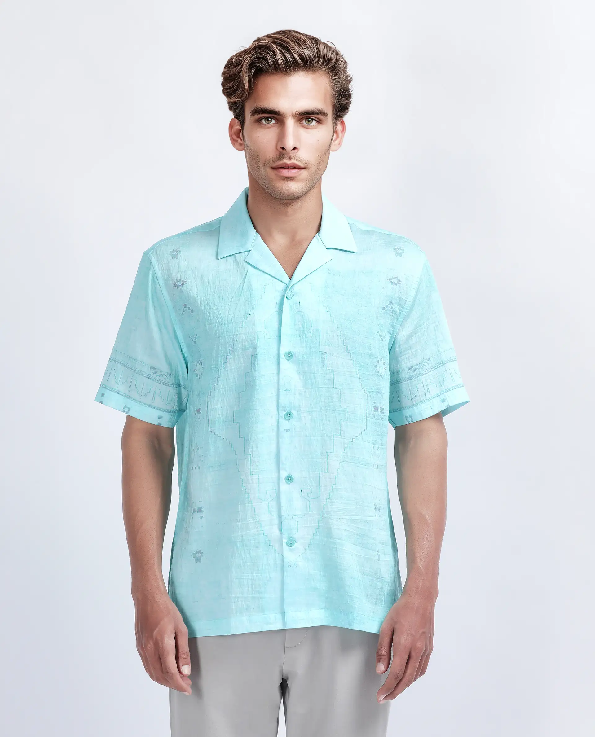 Rare Rabbit Men's Yusi Blue Viscose Blend Boxy Fit Half Sleeve Cuban Collar Shirt - Image 8
