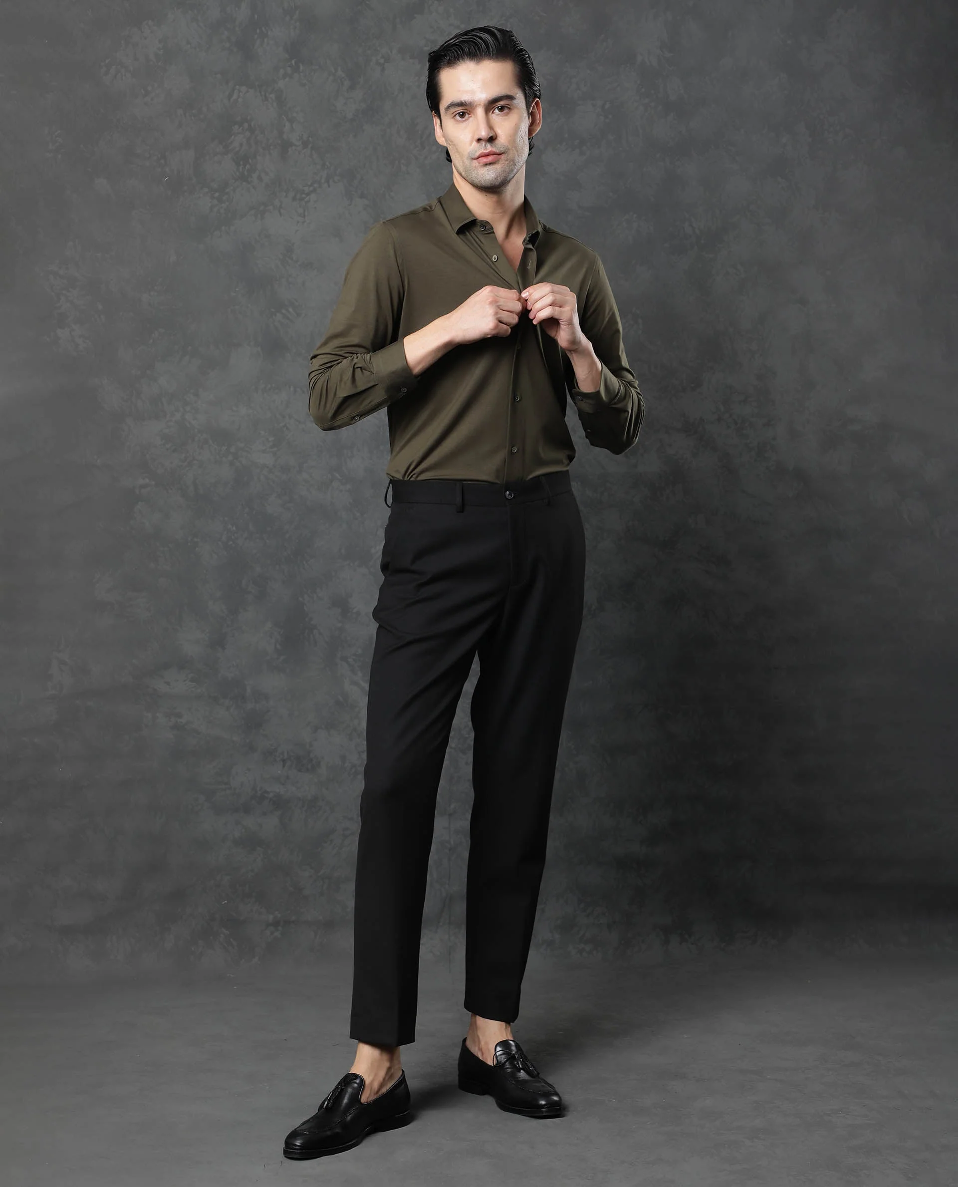 Rare Rabbit Men's Zac Olive Rayon Plain Tailored Fit Full Sleeve Collared Shirt - Image 2